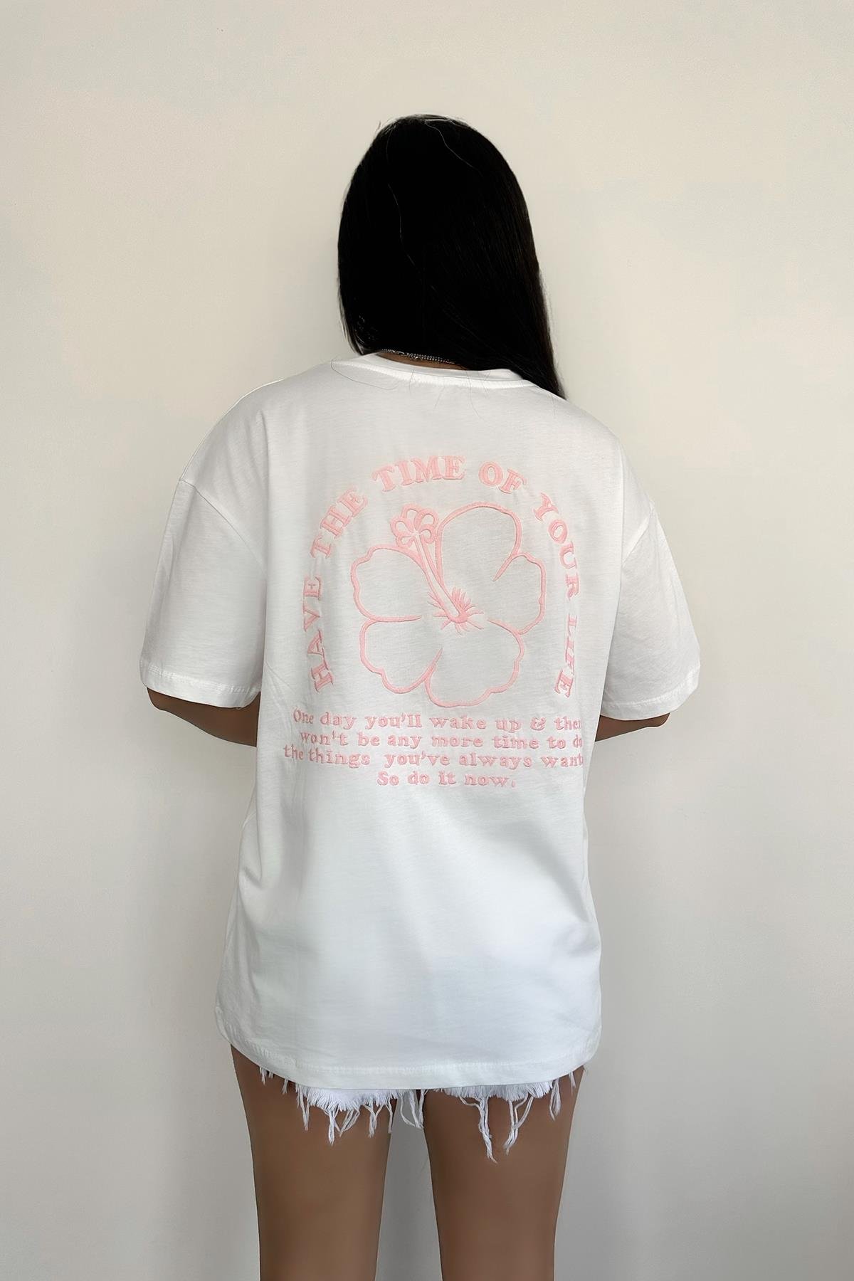 FLOWER NAKIŞLI TİŞÖRT BEYAZ