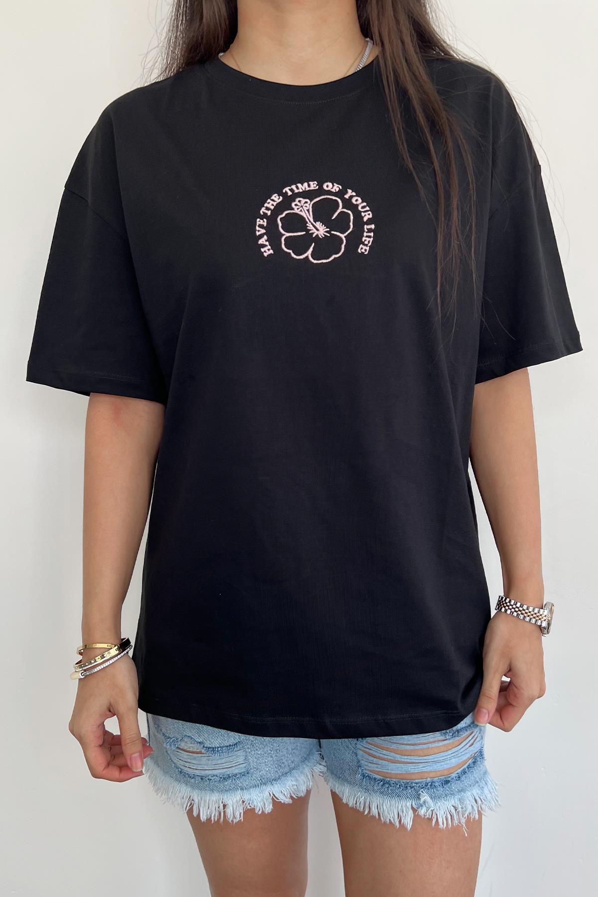 FLOWER NAKIŞLI TİŞÖRT SİYAH