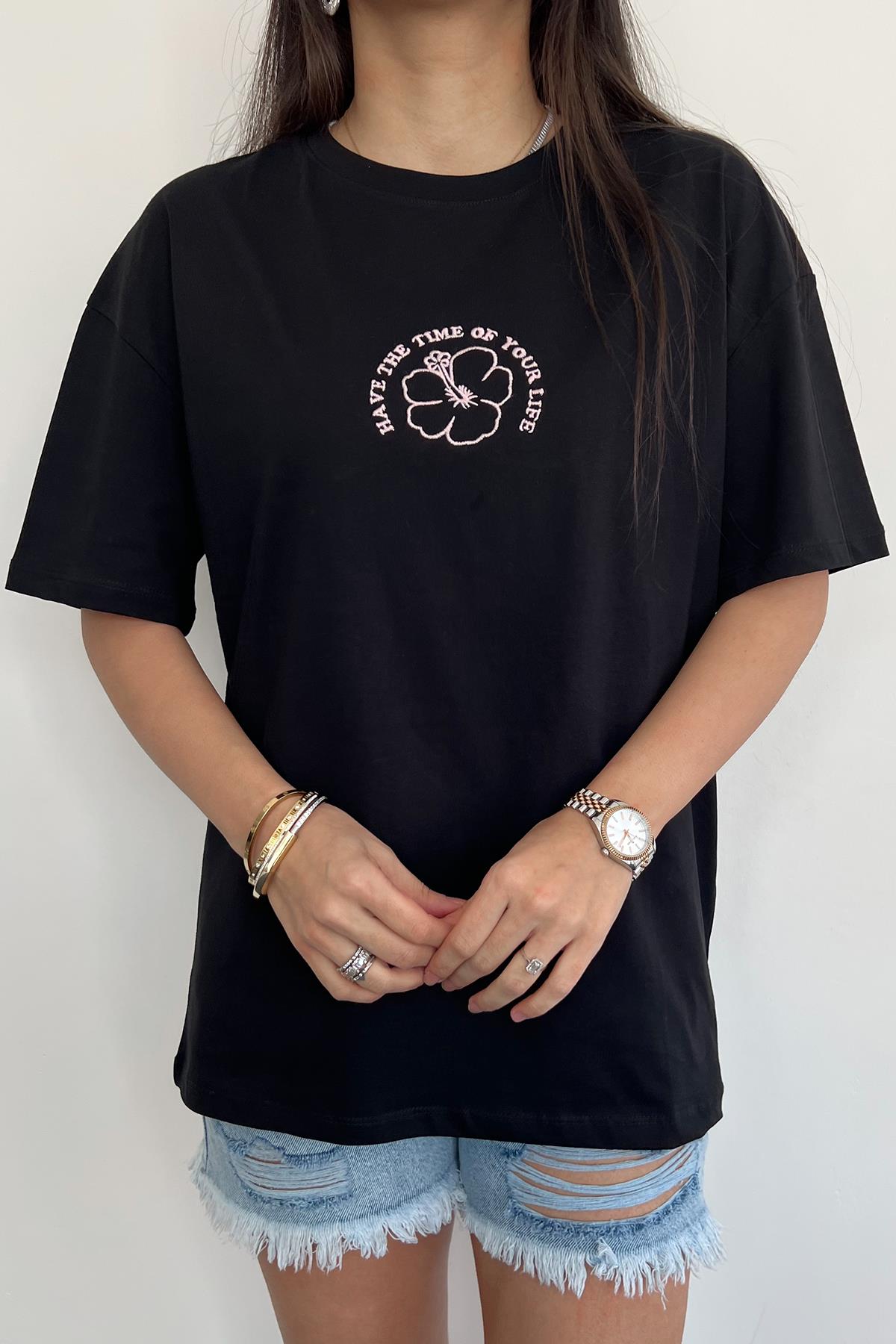 FLOWER NAKIŞLI TİŞÖRT SİYAH