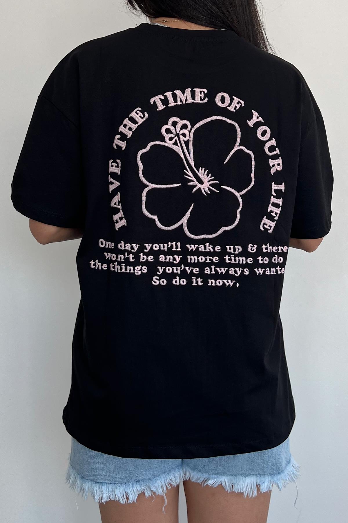 FLOWER NAKIŞLI TİŞÖRT SİYAH