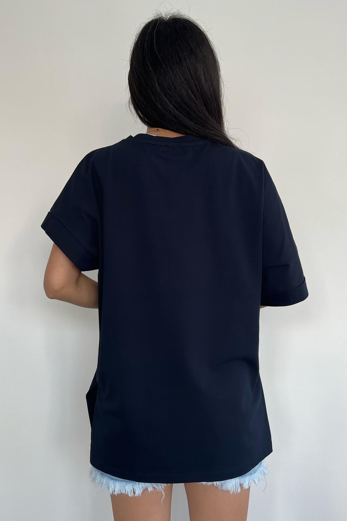 KOLU KATLAMALI OVERSİZE BİSİKLET YAKA TİŞÖRT LACİVERT