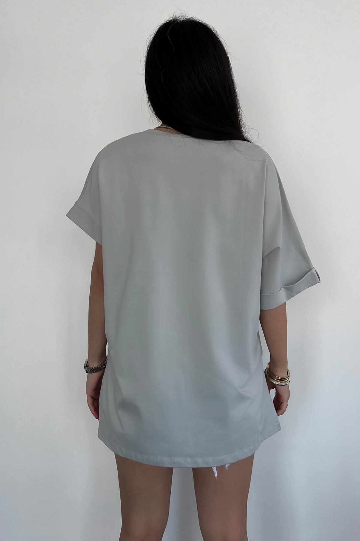 KOLU KATLAMALI OVERSİZE BİSİKLET YAKA TİŞÖRT GRİ