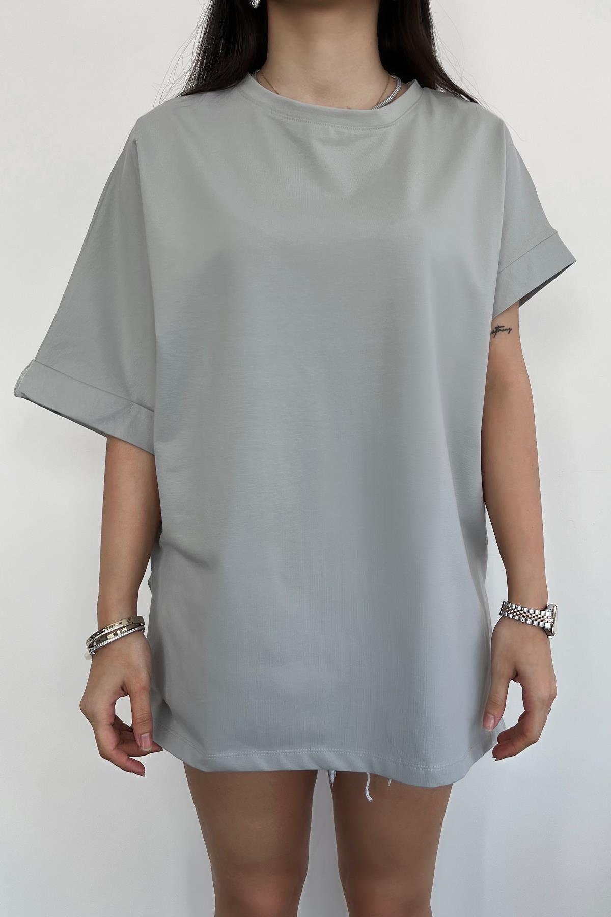 KOLU KATLAMALI OVERSİZE BİSİKLET YAKA TİŞÖRT GRİ