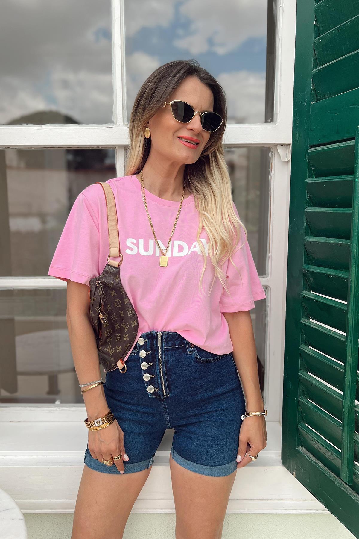 SUNDAY BASKILI TİŞÖRT PEMBE