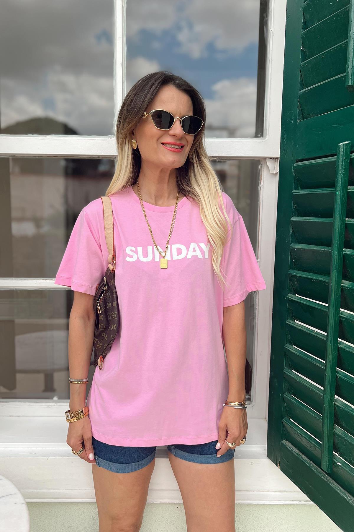 SUNDAY BASKILI TİŞÖRT PEMBE