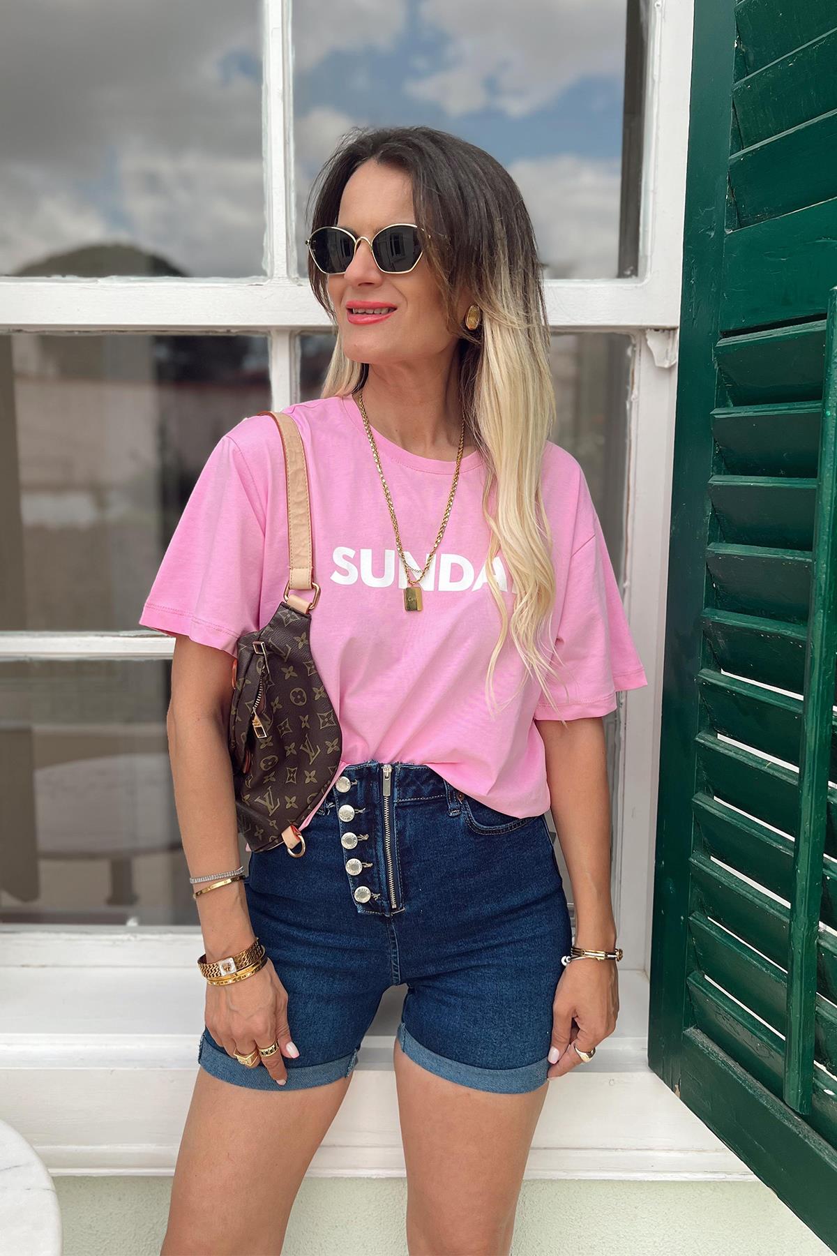 SUNDAY BASKILI TİŞÖRT PEMBE