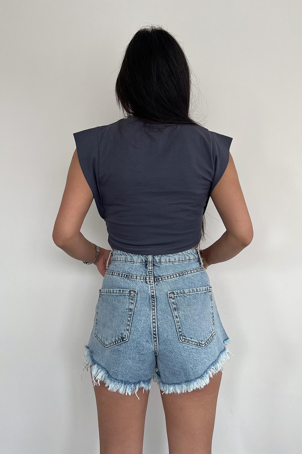 VATKA GÖRÜNÜMLÜ SIFIR KOL CROP BLUZ ANTRASİT