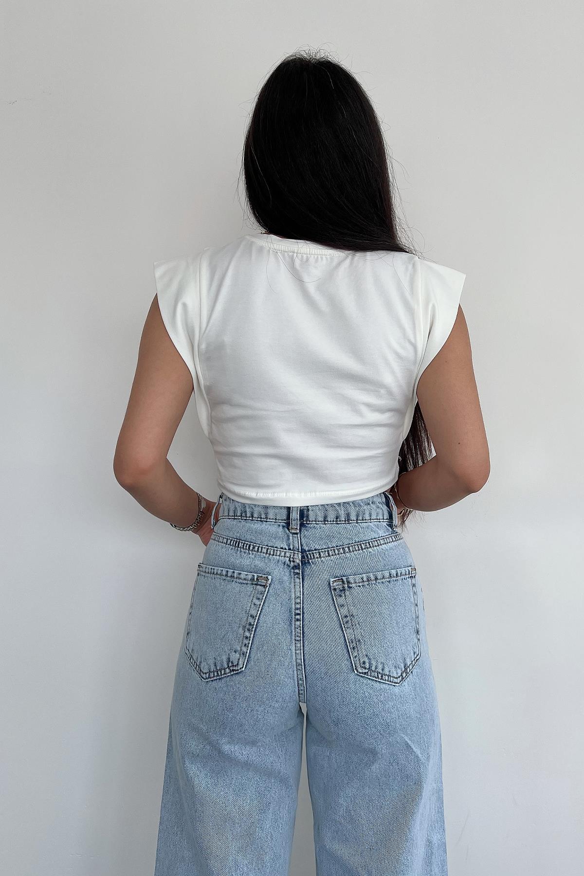 CROP KOL DETAYLI TİŞÖRT KREM