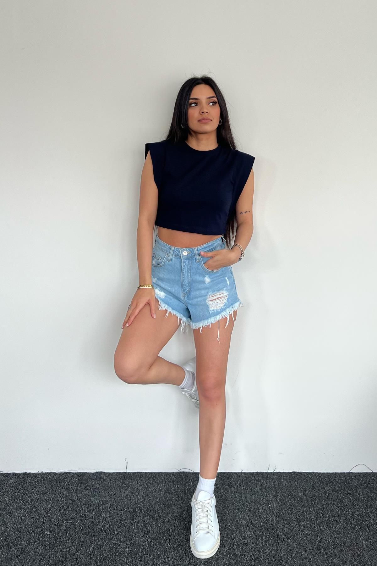 VATKA GÖRÜNÜMLÜ SIFIR KOL CROP BLUZ LACİVERT