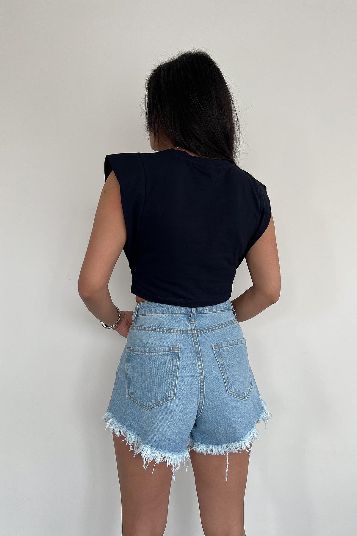 VATKA GÖRÜNÜMLÜ SIFIR KOL CROP BLUZ LACİVERT