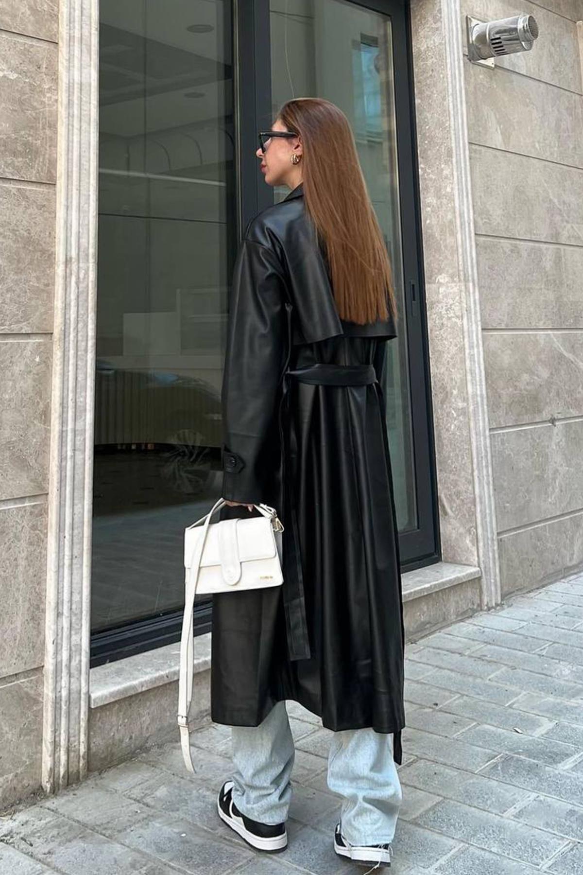 UZUN DERİ TRENÇKOT SİYAH