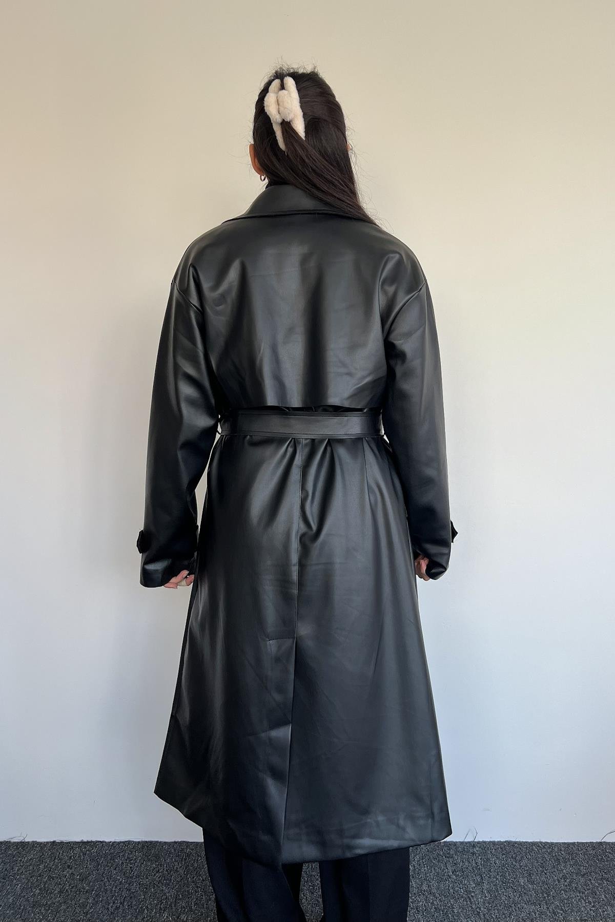 UZUN DERİ TRENÇKOT SİYAH