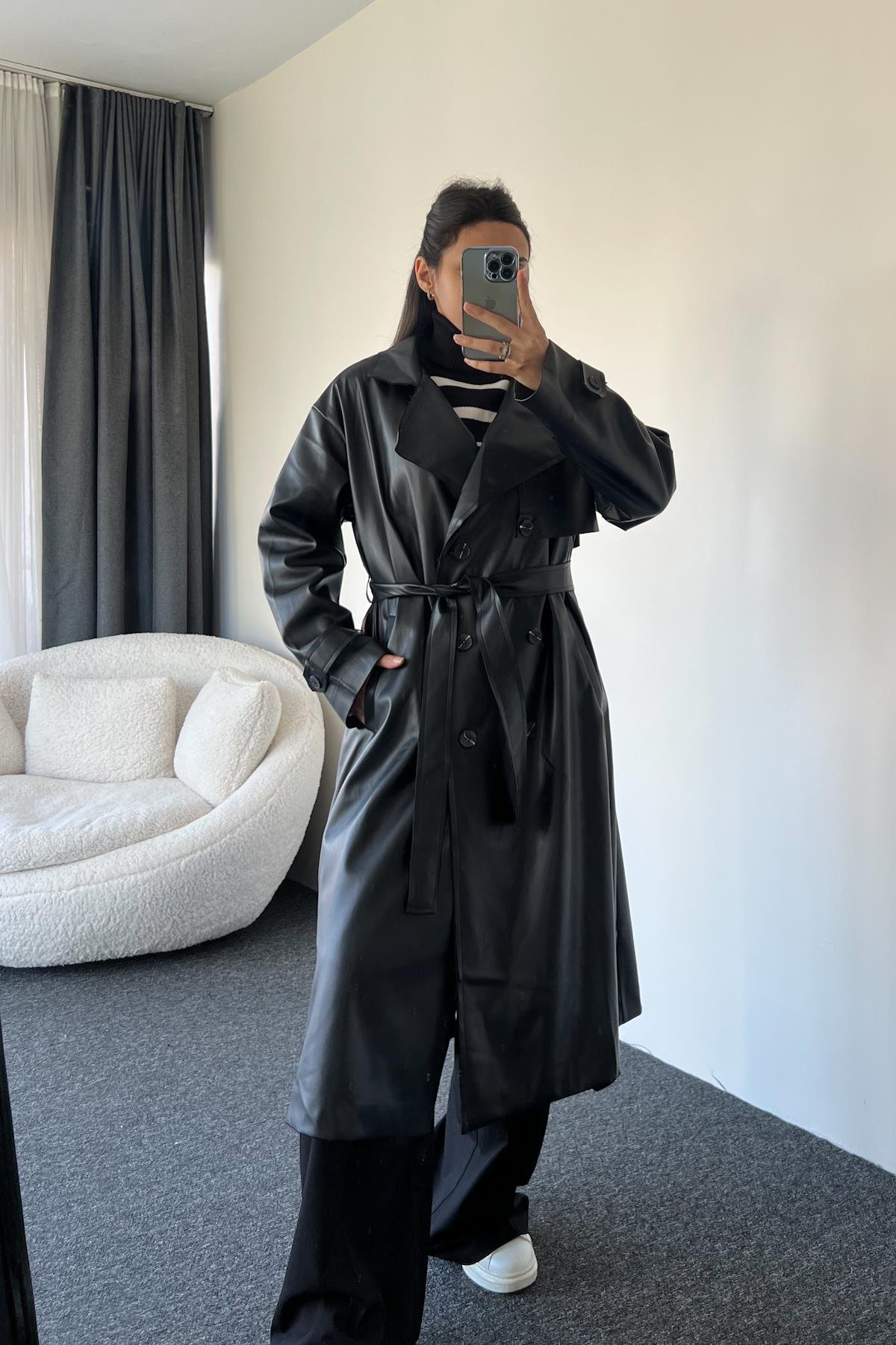 UZUN DERİ TRENÇKOT SİYAH