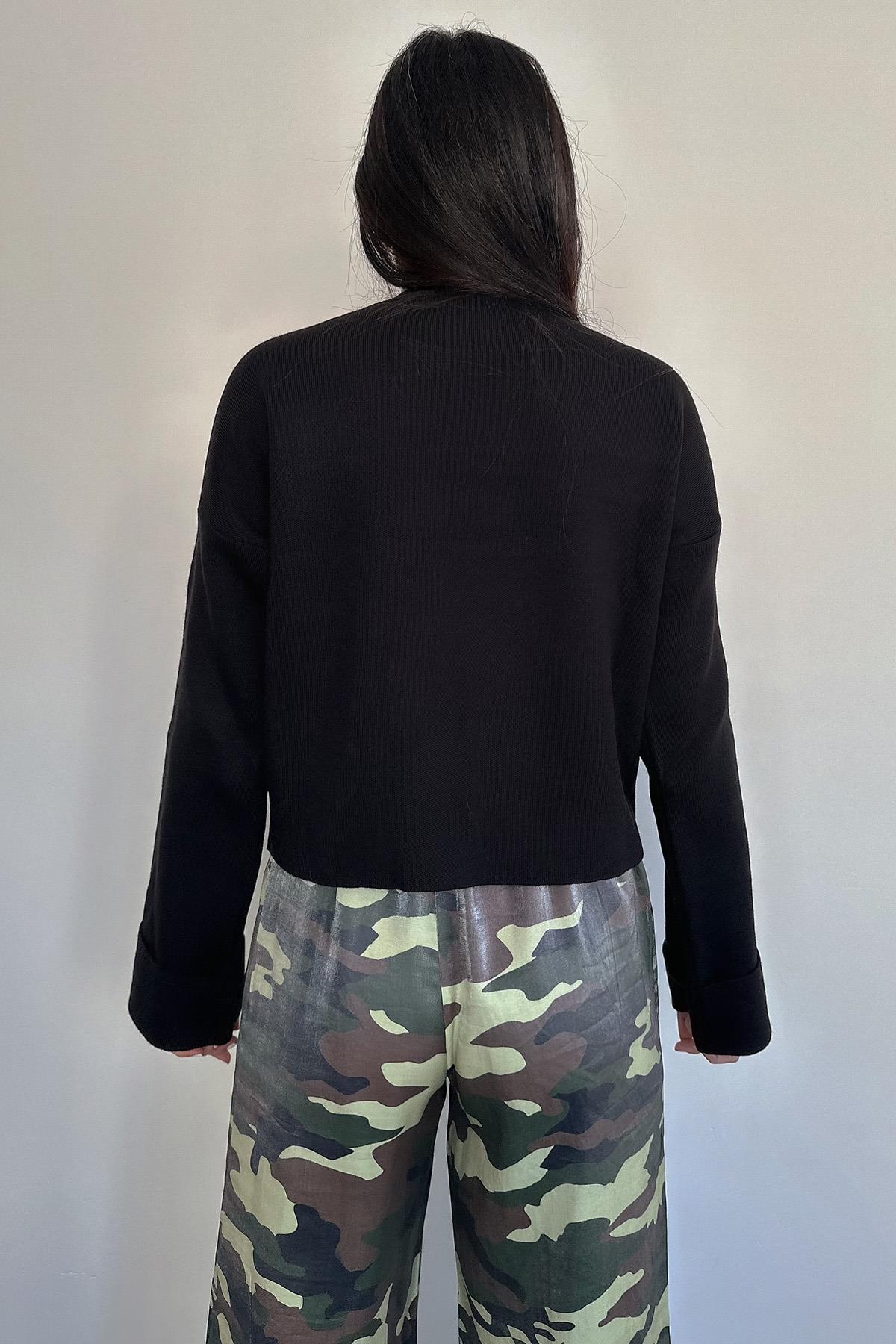 BİSİKLET YAKA UZUN KOLLU CROP TRİKO SİYAH