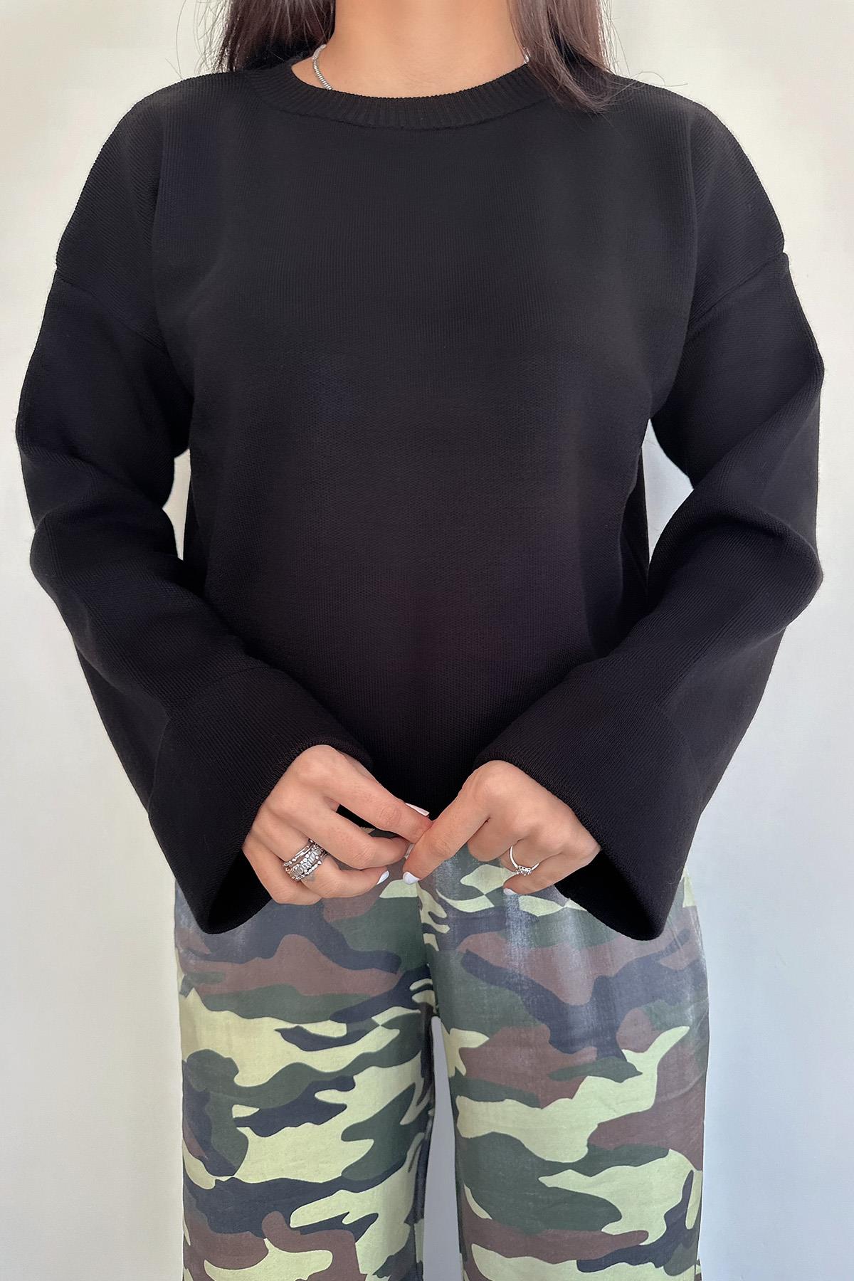 BİSİKLET YAKA UZUN KOLLU CROP TRİKO SİYAH