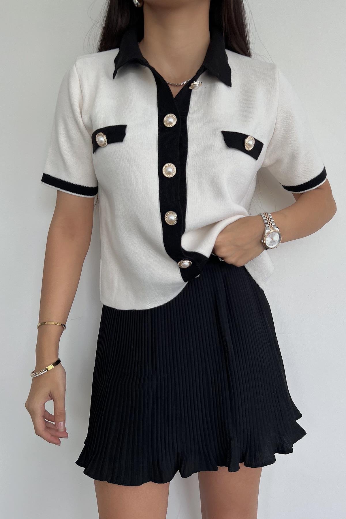 ТРИКОТАЖНЫЙ СВИТЕР С КОРОТКИМИ РУКАВАМИ И ЖЕМЧУЖНЫМИ ПУГОВИКАМИ