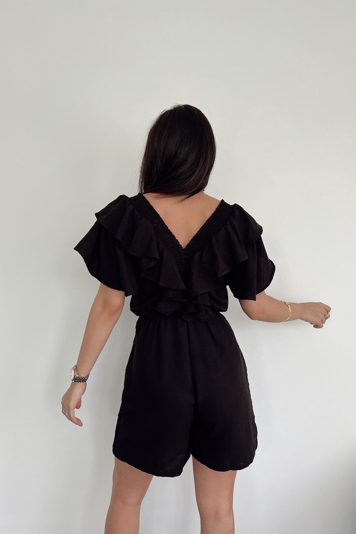 YAKASI FIRFIRLI ŞORT TULUM SİYAH