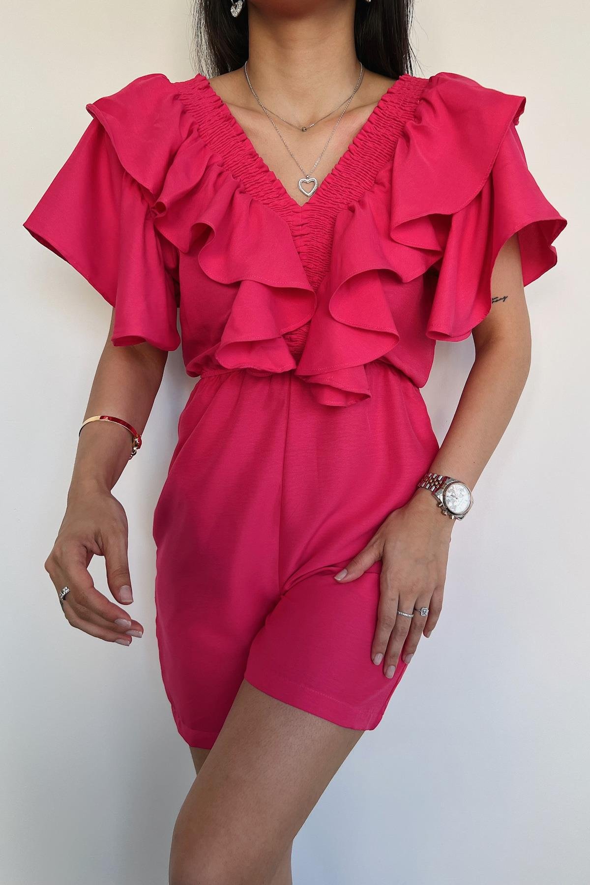 YAKASI FIRFIRLI ŞORT TULUM FUŞYA