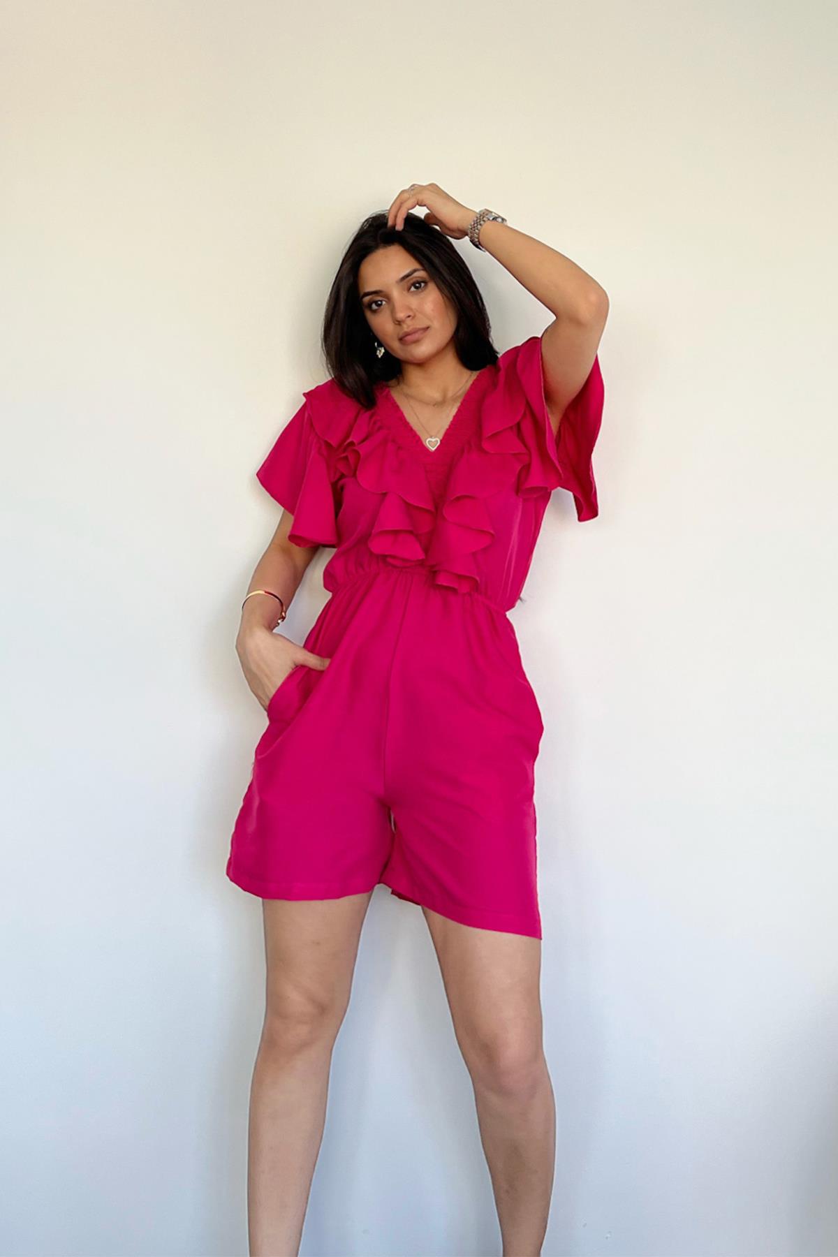 YAKASI FIRFIRLI ŞORT TULUM FUŞYA