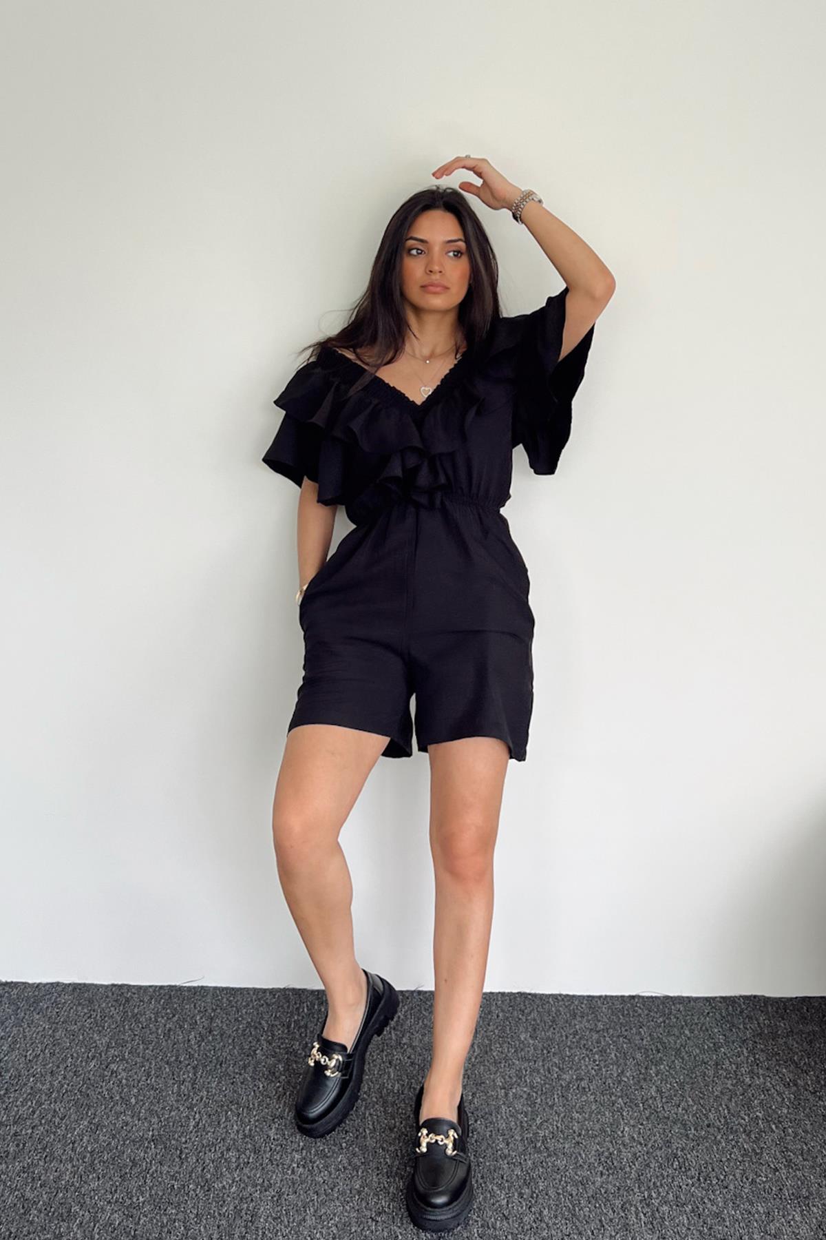 YAKASI FIRFIRLI ŞORT TULUM SİYAH