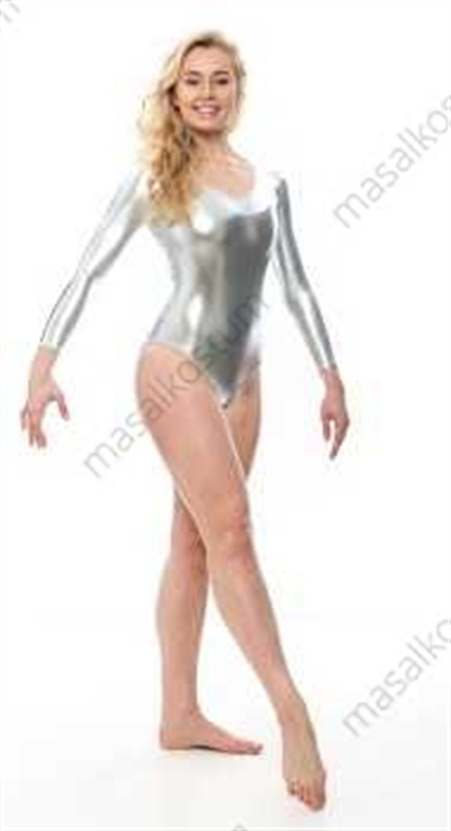 Uzun Kollu Bayan Gümüş Mayo Mayo Kumaşından