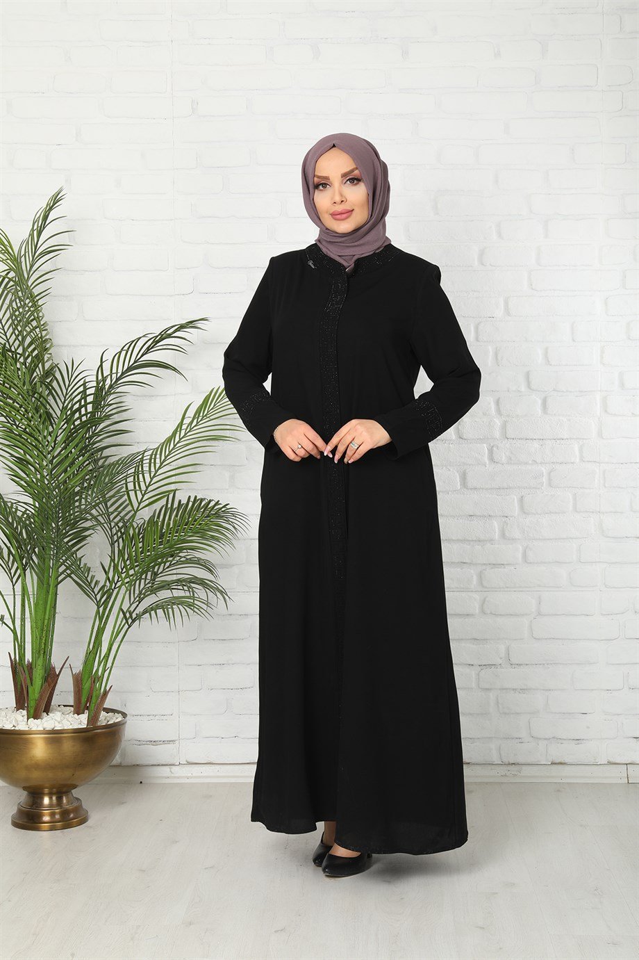 Fermuarlı Taşlı Siyah Ferace