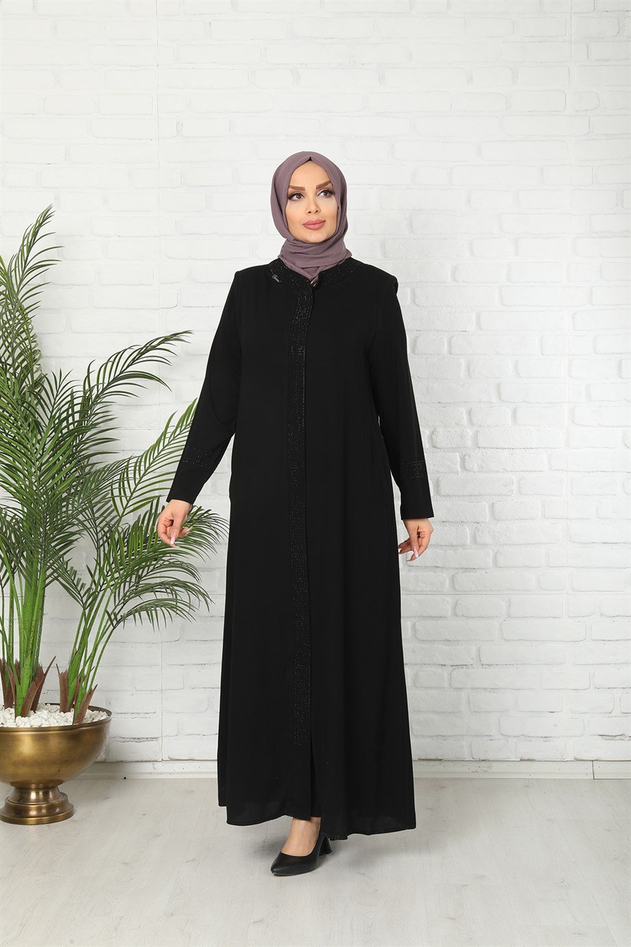 Fermuarlı Taşlı Siyah Ferace