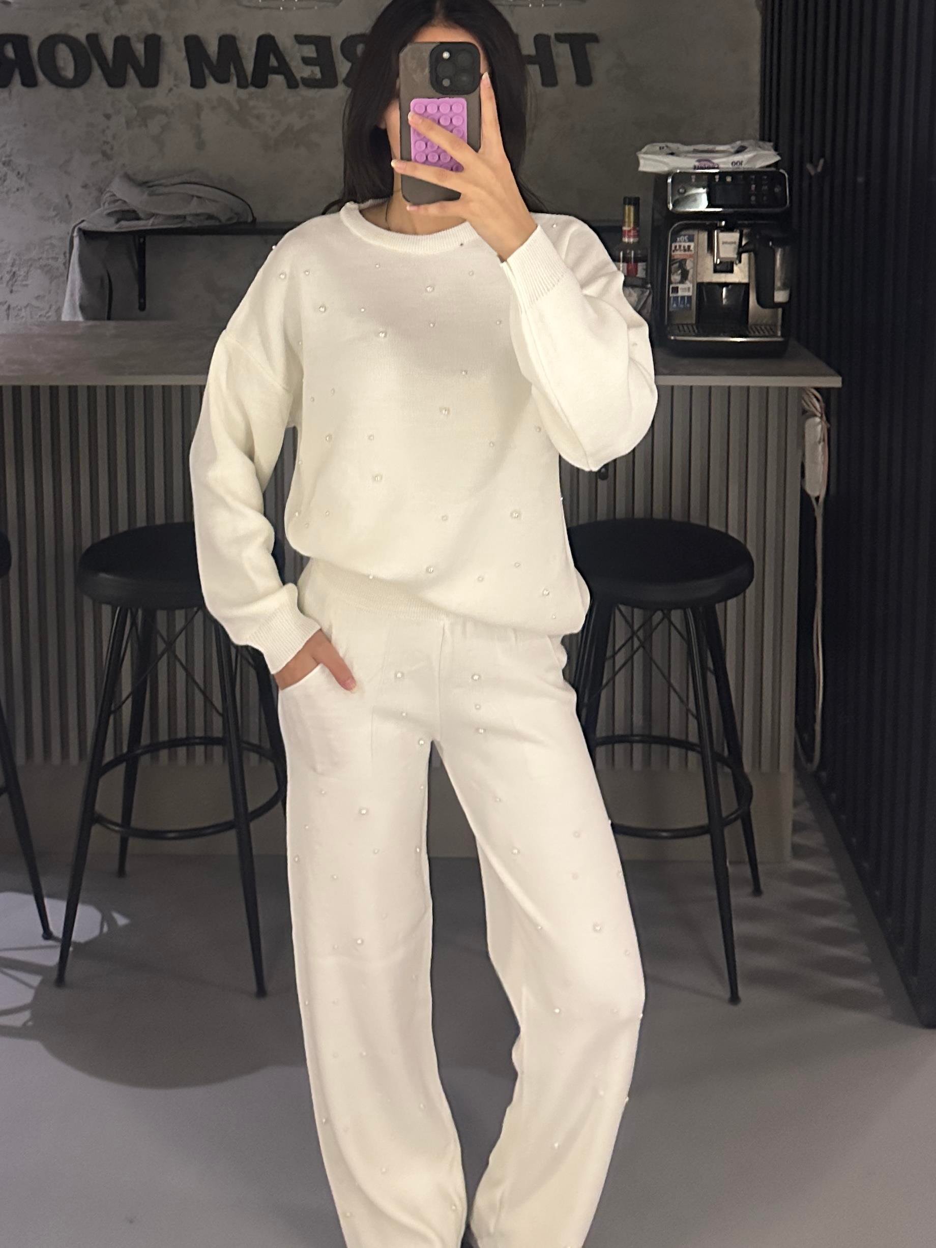 BEYAZ İNCİLİ TRİKO PANTOLON  TAKIM