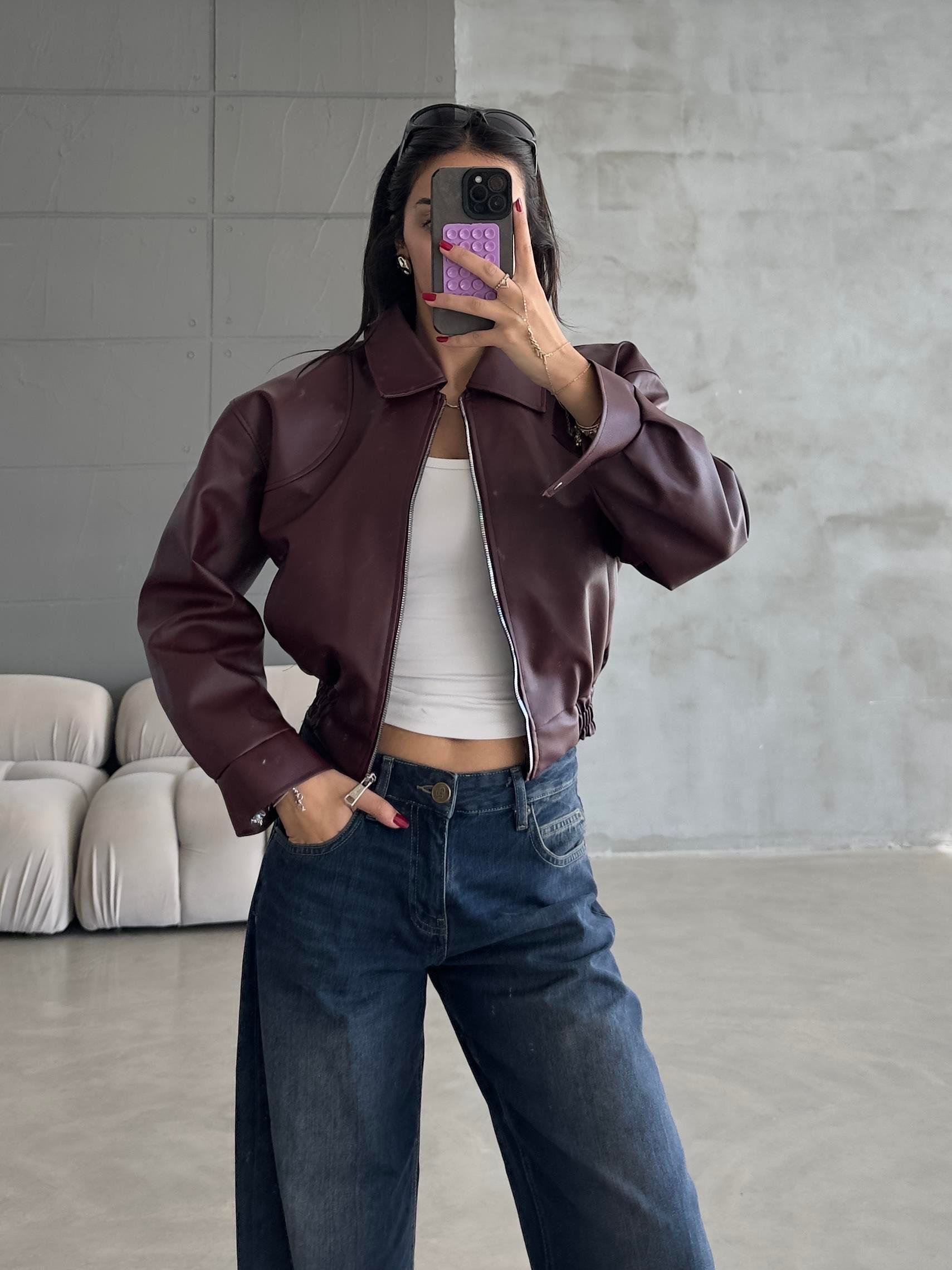BORDO KISA BOMBER DERİ CEKET