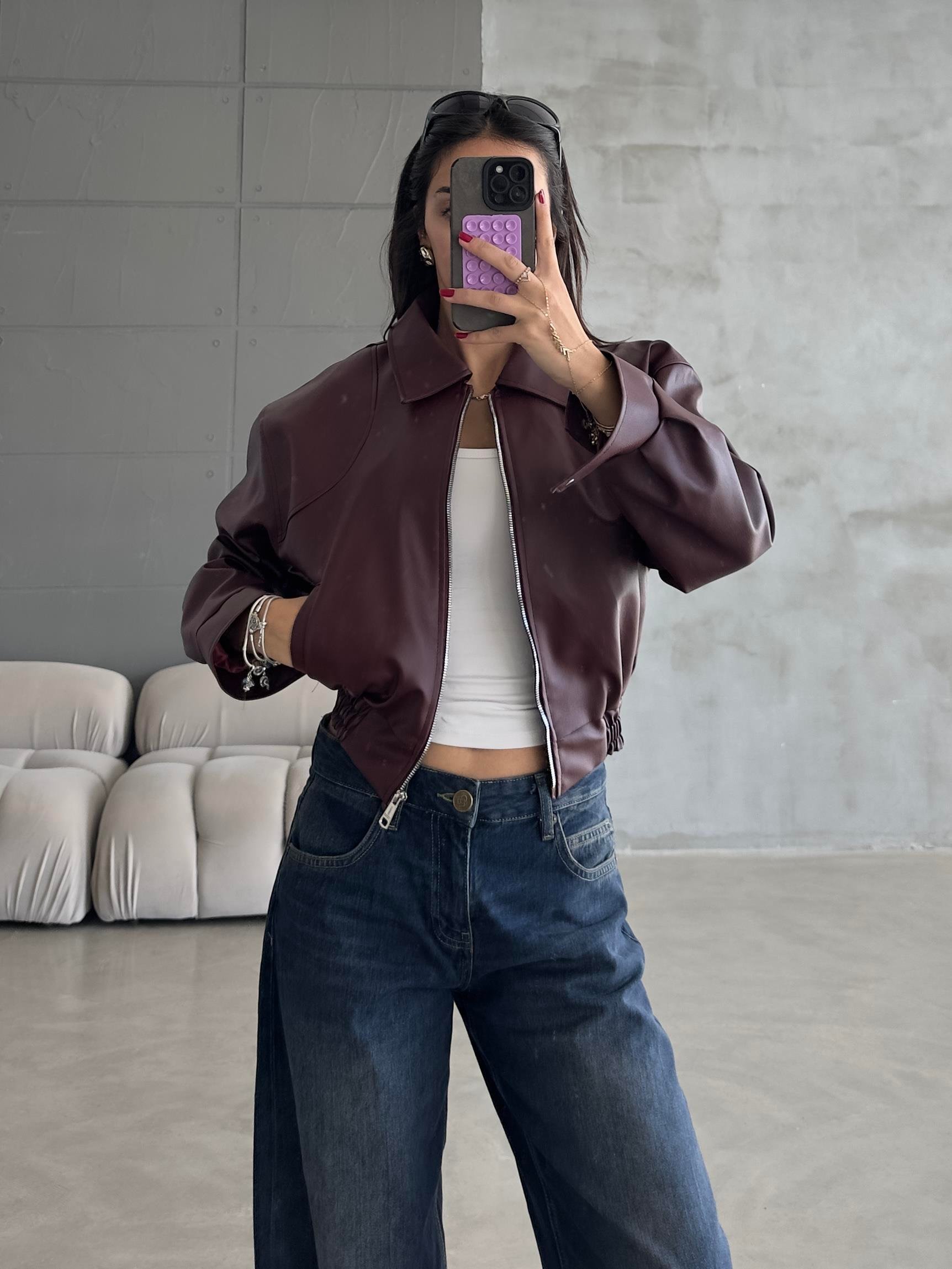 BORDO KISA BOMBER DERİ CEKET