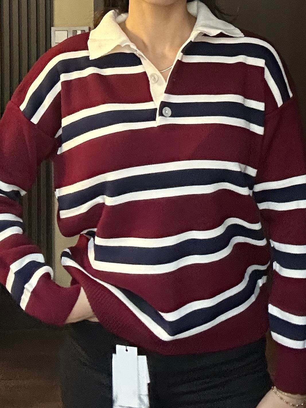 BORDO POLO YAKA ÇİZGİLİ  KAZAK
