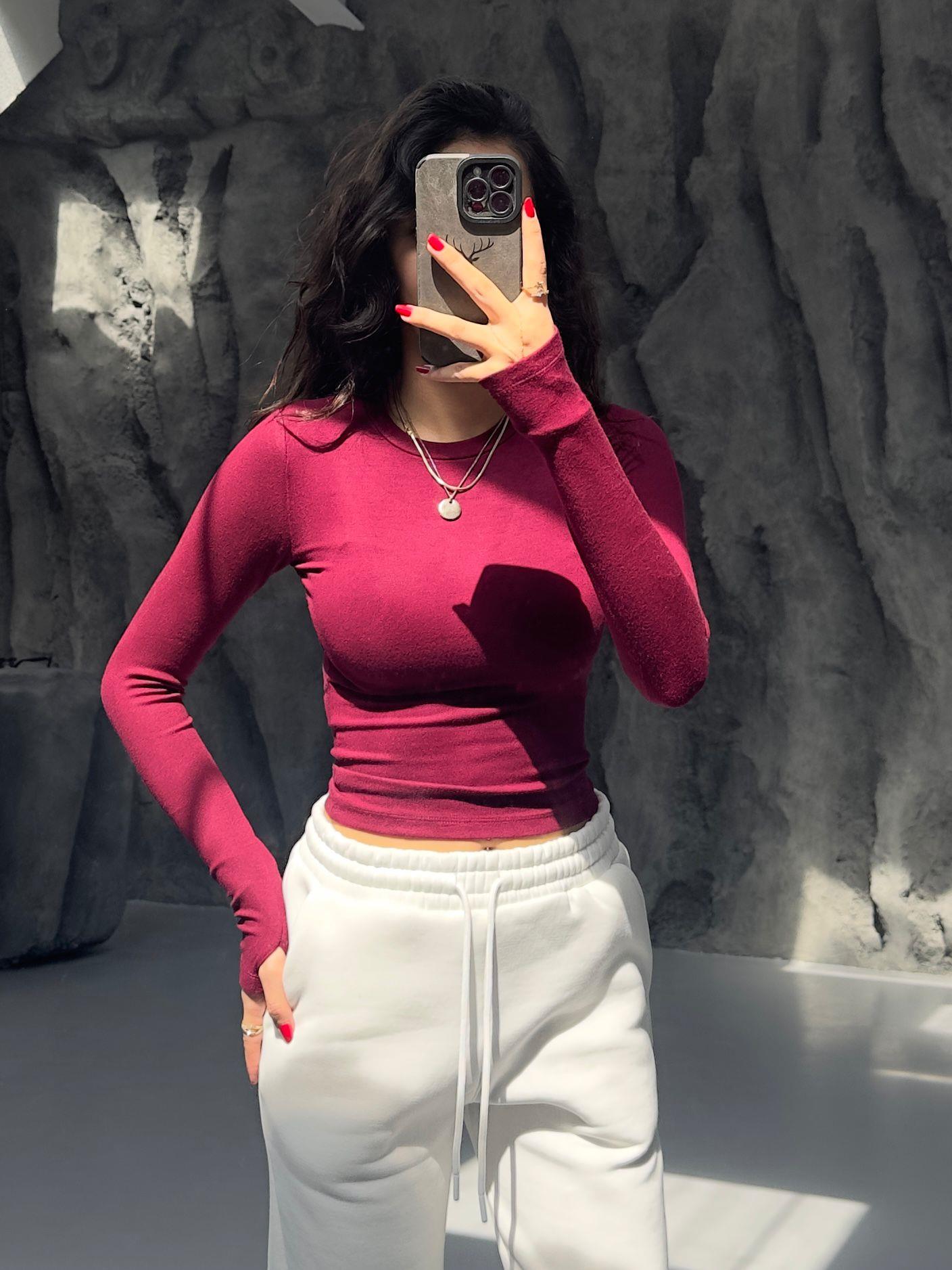 BUZZY BORDO BİSİKLET YAKA PARMAK GEÇİRMELİ BODY