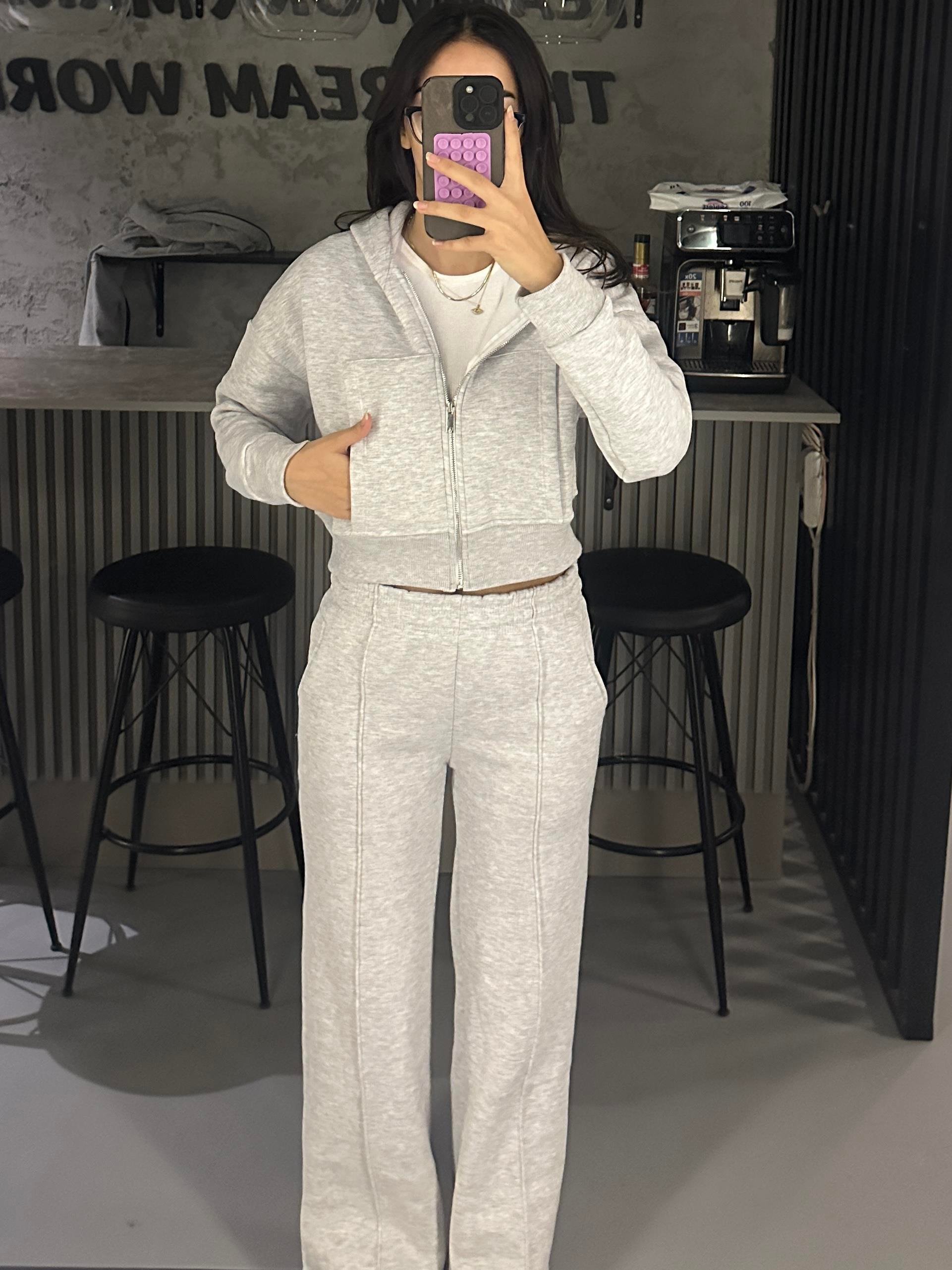 GRİ 3 İPLİK EŞOFMAN CROP HIRKA TAKIM
