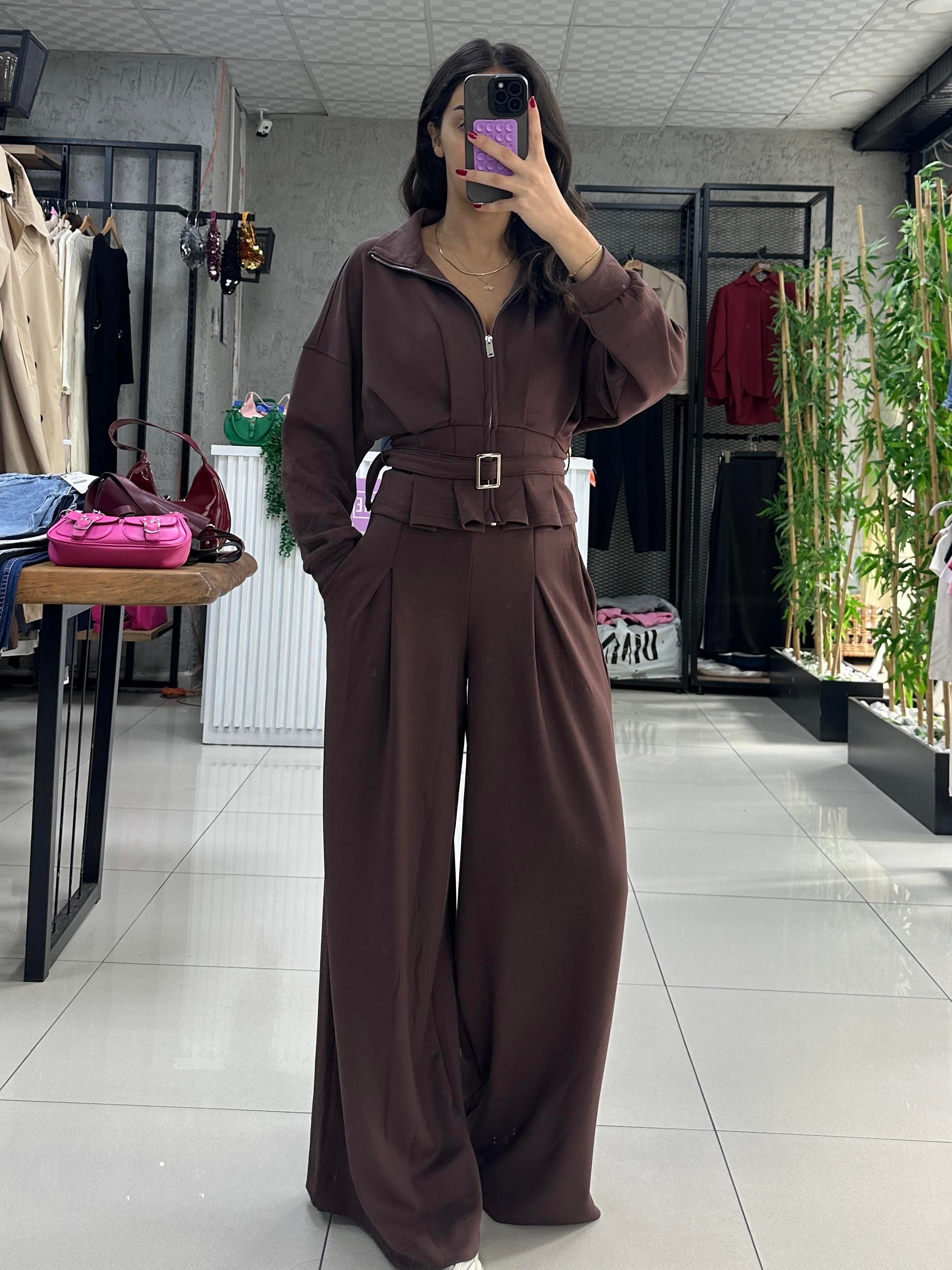 KAHVE MODAL KUMAŞ KEMERLİ TAKIM
