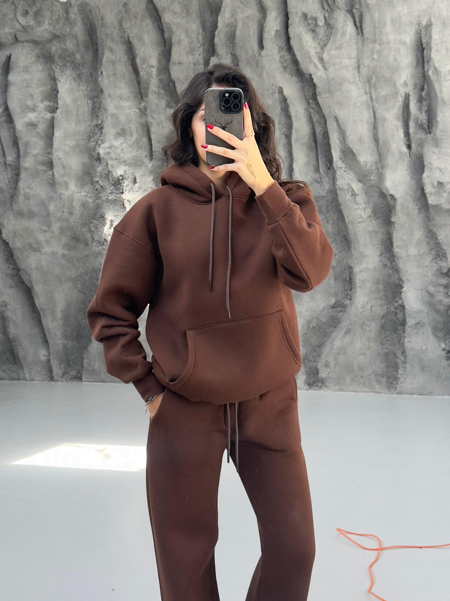 KAHVERENGİ 3 İPLİK KAPÜŞONLU SWEAT