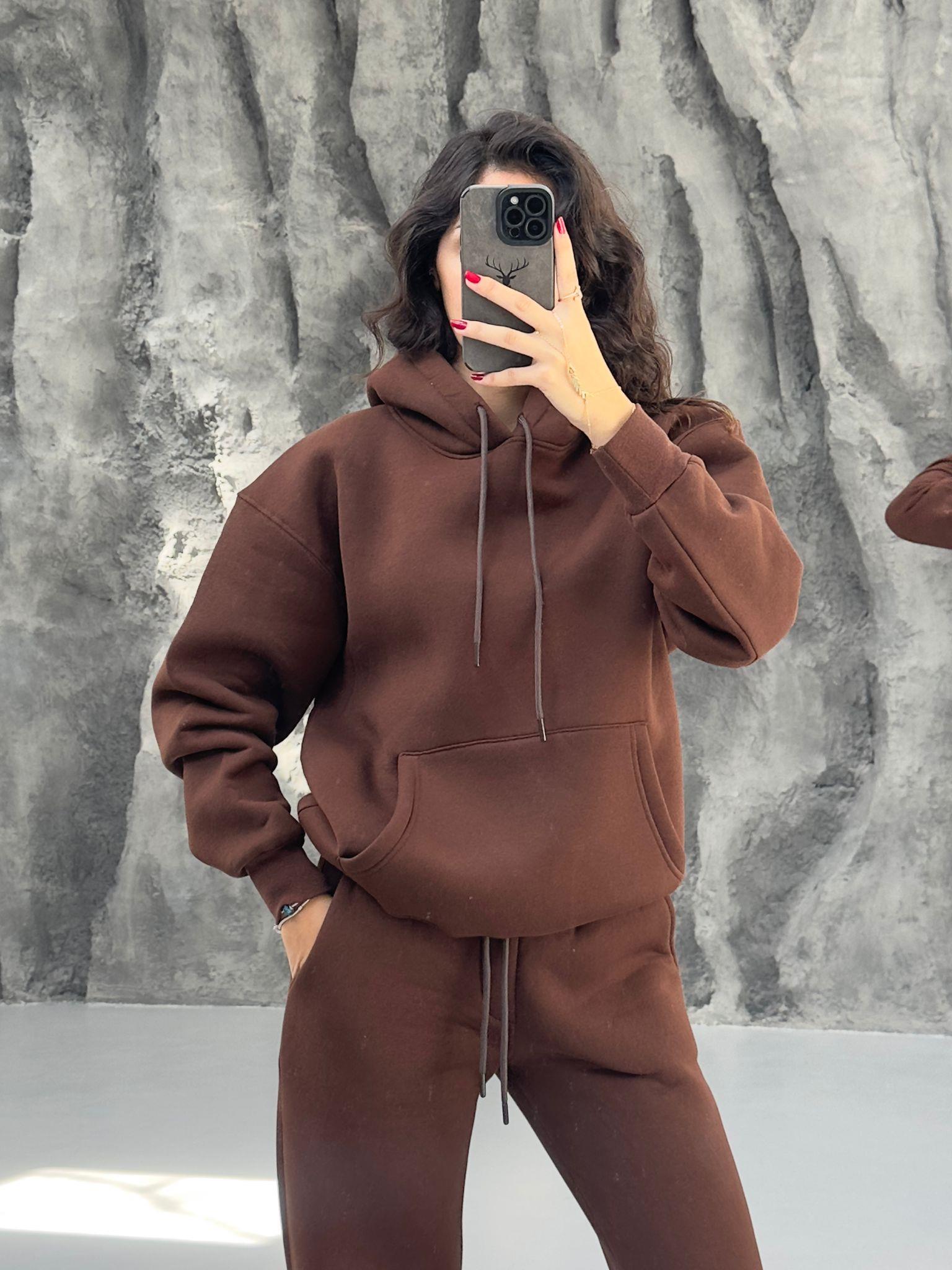 KAHVERENGİ 3 İPLİK KAPÜŞONLU SWEAT