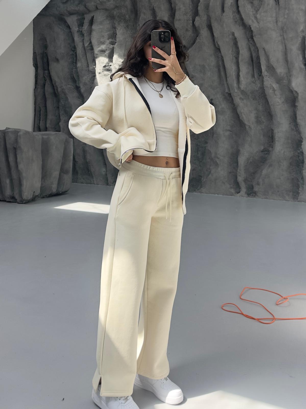 KREM 3 İPLİK PAMUKLU UNISEX EŞOFMAN ALTI