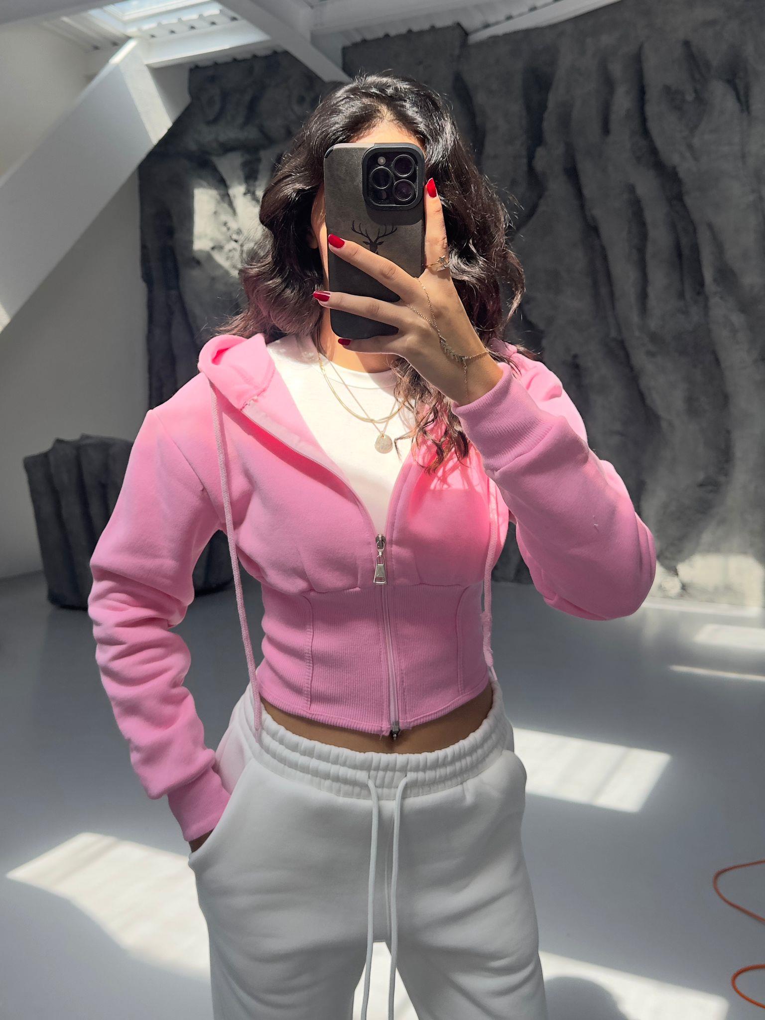 PEMBE KORSELİ FERMUARLI HIRKA