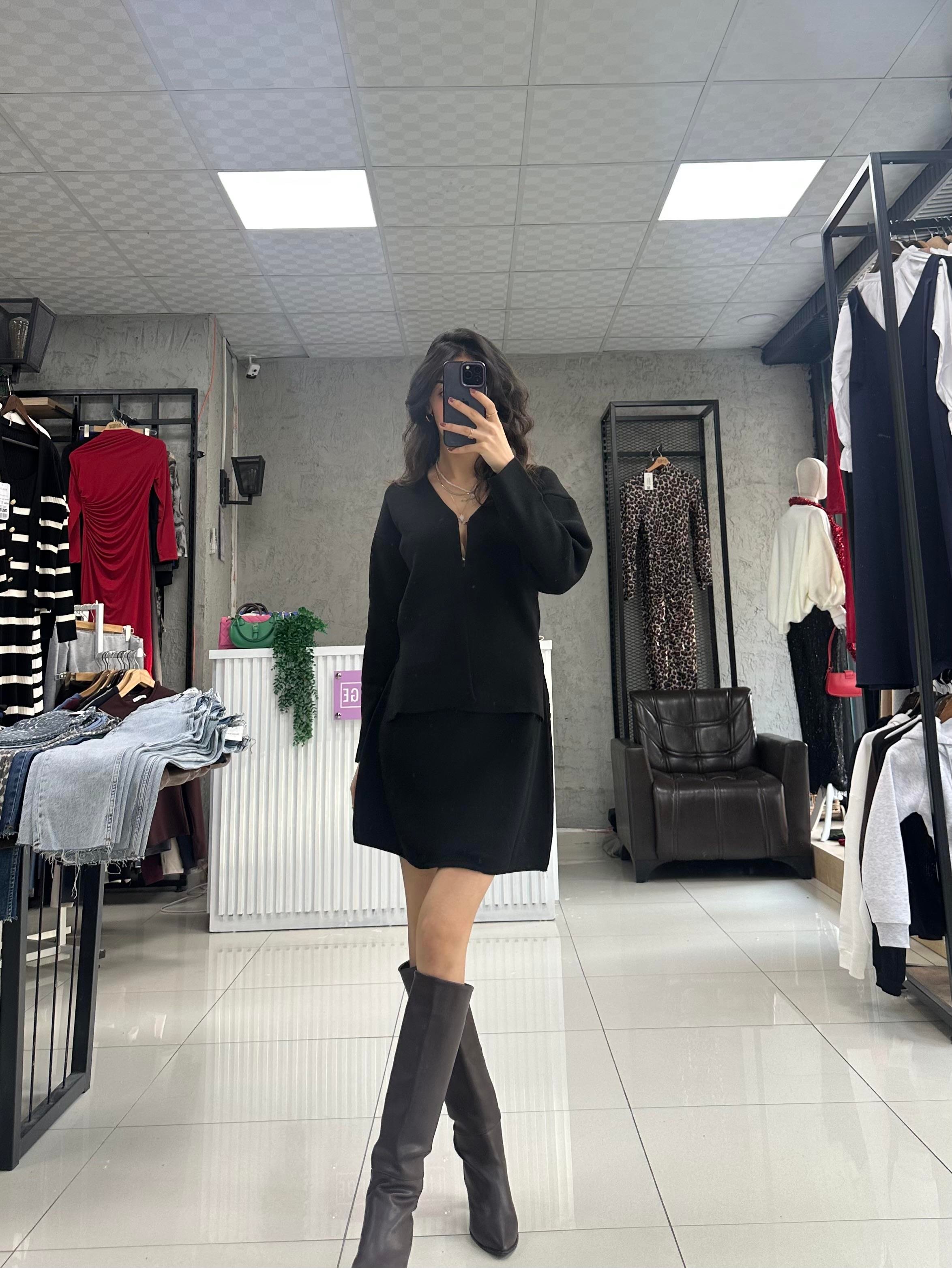 SİYAH BEL DETAY ETEK TRİKO  TAKIM