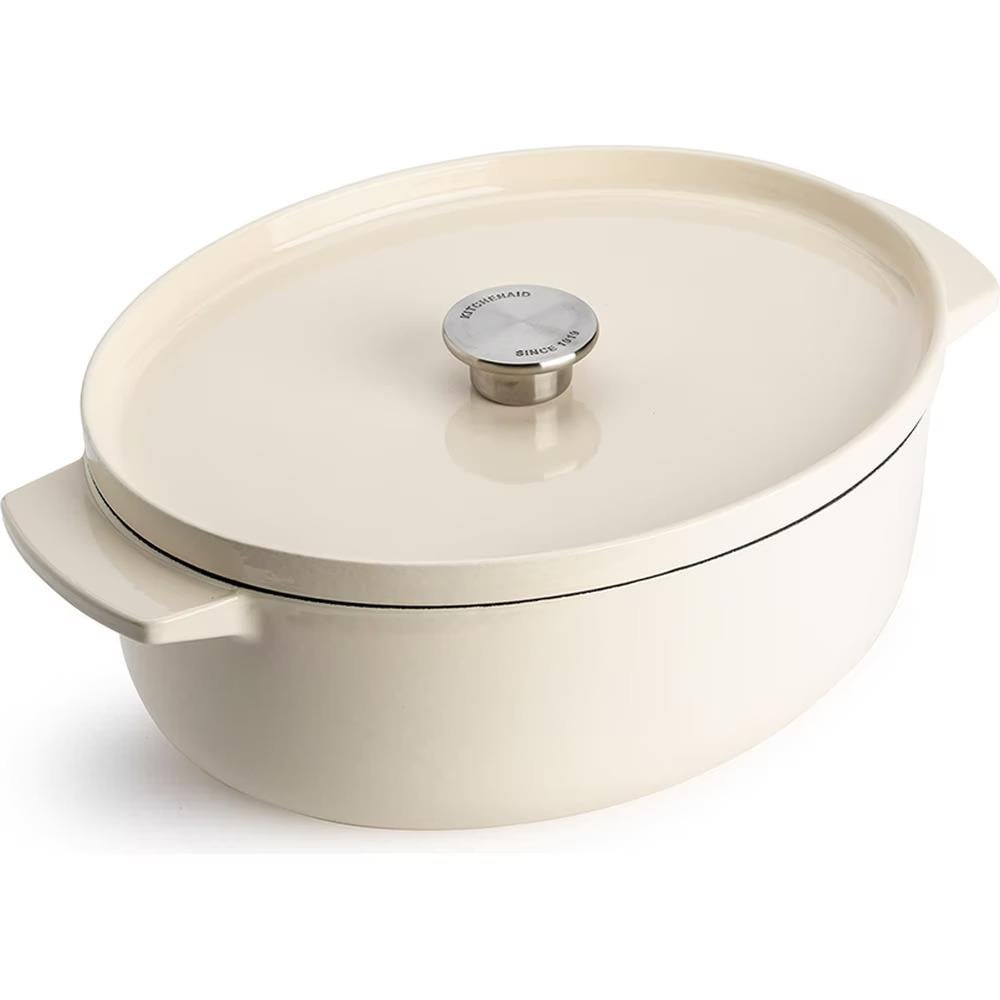 KitchenAid Kapaklı Oval Döküm Demir Tencere 30 cm / 5.6 L Almond Cream