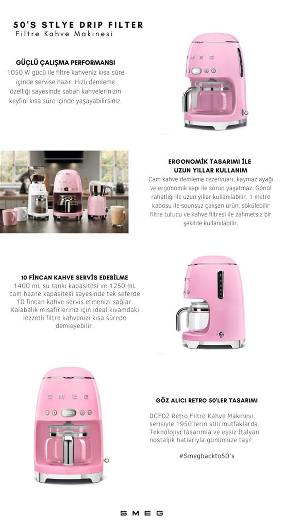 SMEG Pembe Filtre Kahve Makinesi DCF02PKEU