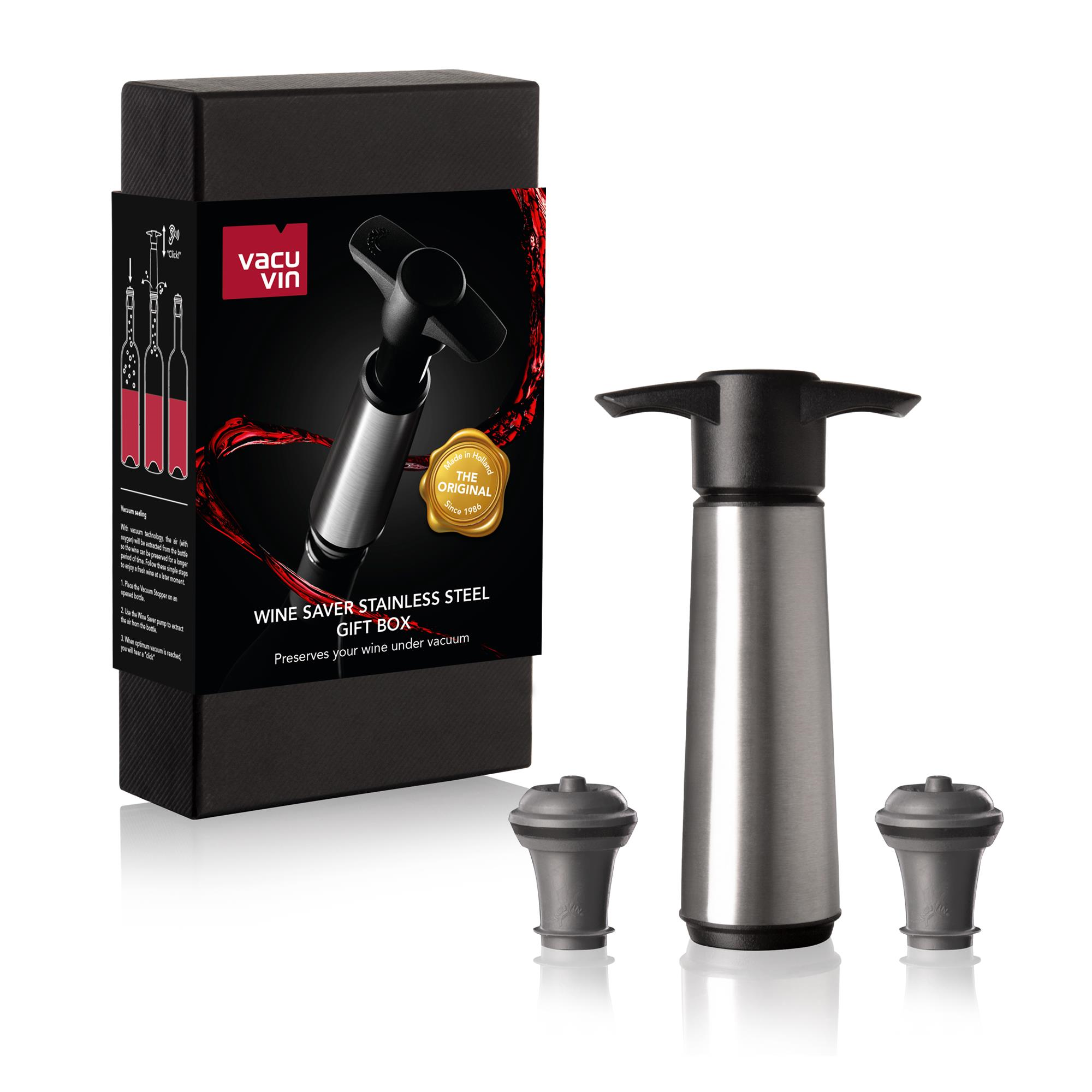 Vacu Vin Şarap Vakum Seti, Paslanmaz Çelik (1 Pompa, 2 Tıpa), Hediye Kutulu
