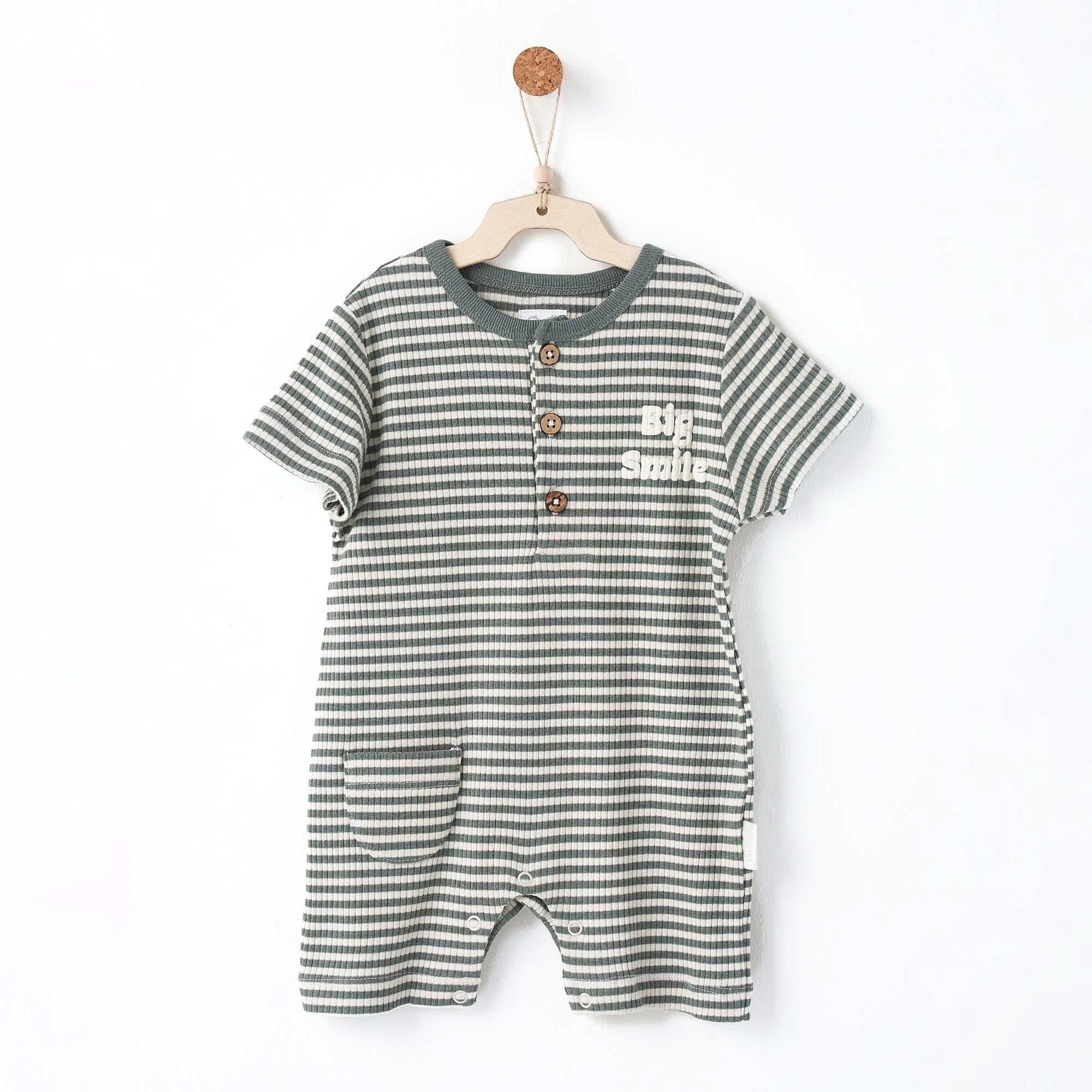 Andywawa Bebek Bamboo Striped Kısa Kol Romper Tulum Haki AC26671