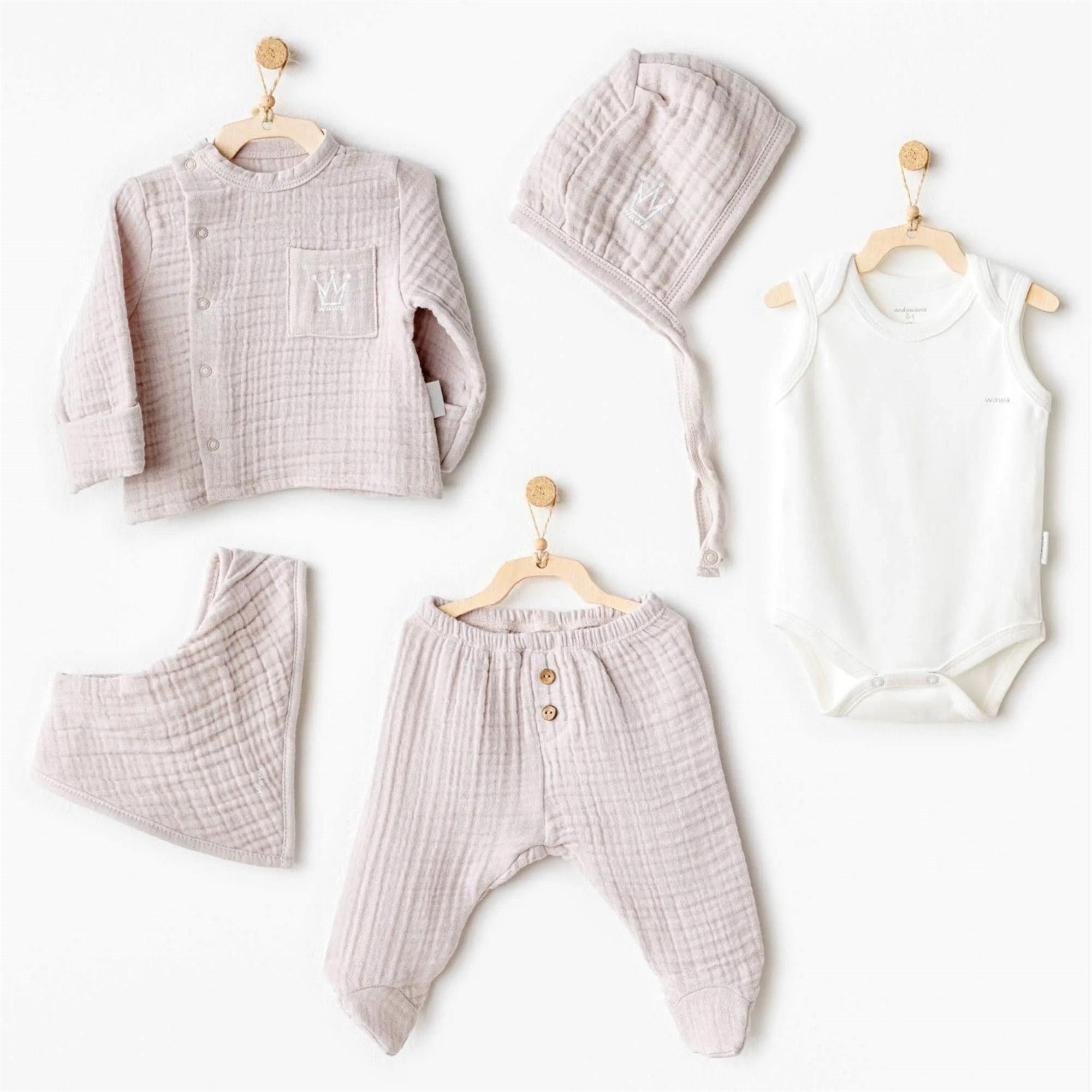 Andywawa Erkek Bebek Natural Müslin 5'li Hastane Çıkış Seti Bej AC25830