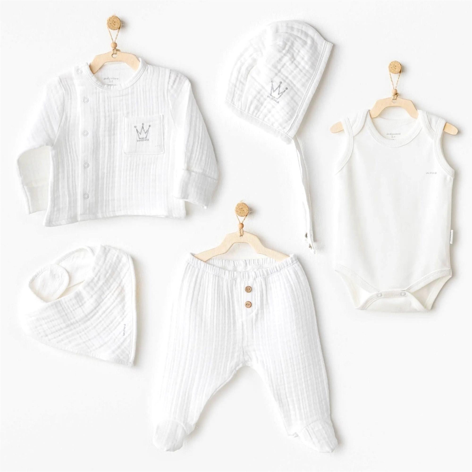 Andywawa Erkek Bebek Natural Müslin 5'li Hastane Çıkış Seti Beyaz AC25830