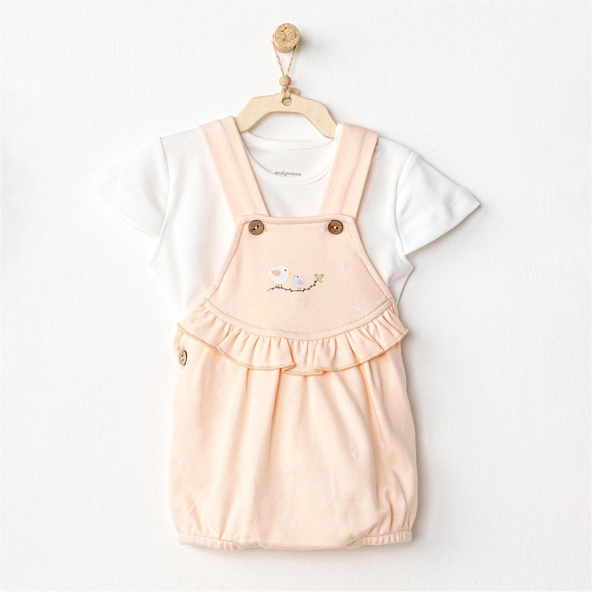 Andywawa Kız Bebek Jumpsuit Set Spring Birds Salopet Takım Ekru Somon AC24528