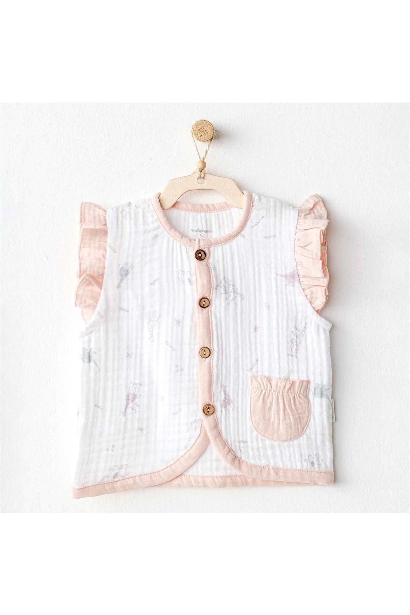 Andywawa Kız Bebek Love Family Müslin Yelek Ekru AC25525 