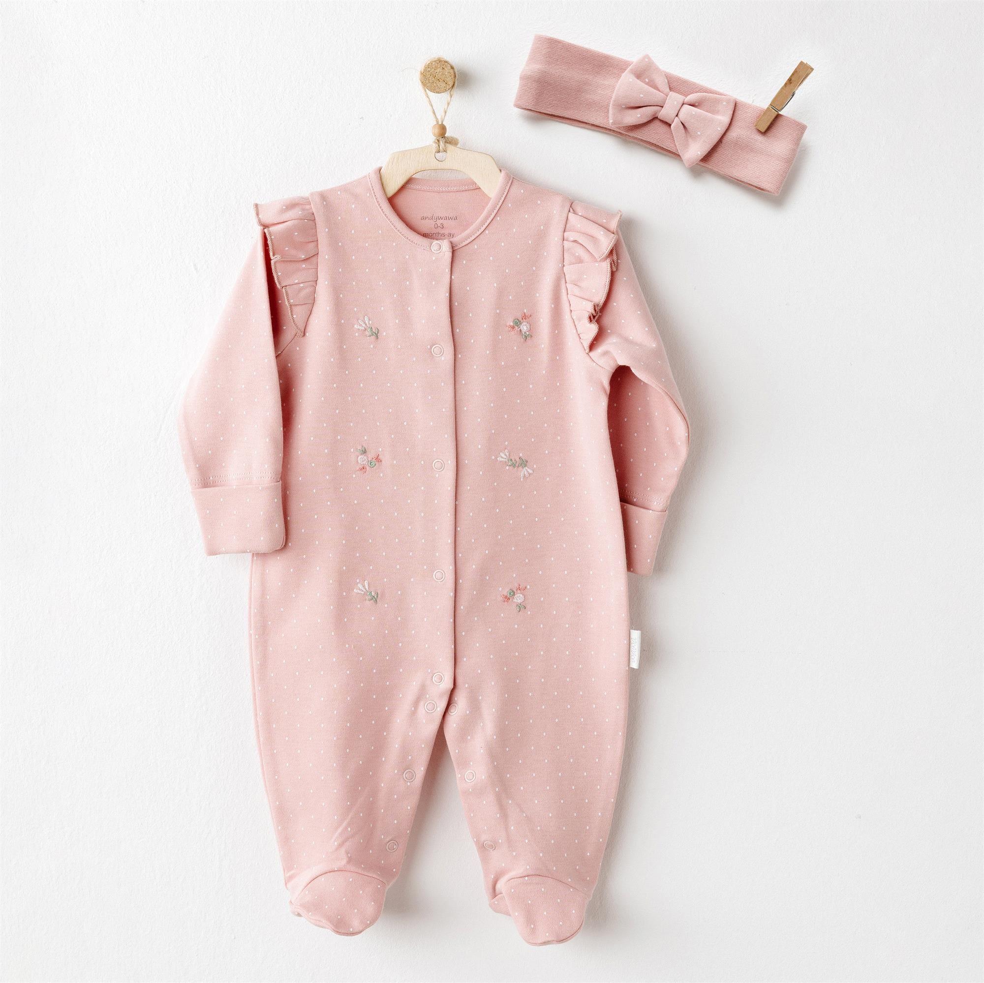 Andywawa Kız Bebek Mon Petit Amour Saç Bantlı Tulum Takım Pembe AC26083
