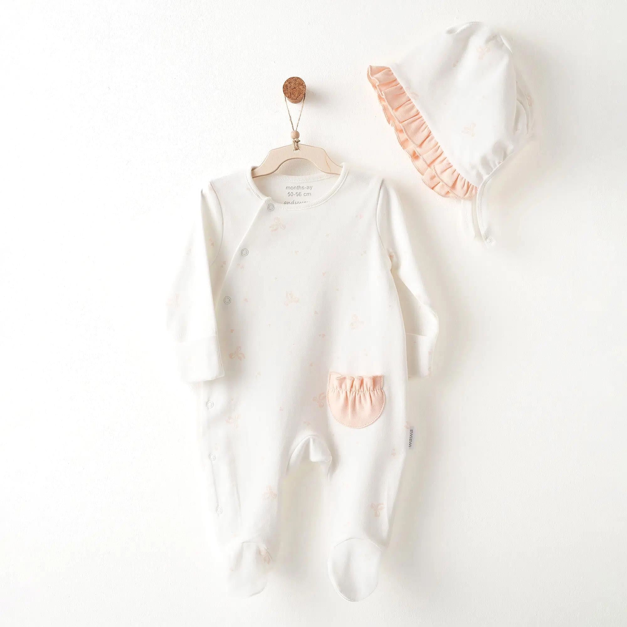 Andywawa Kız Bebek Romper Hat Little Swan Love Şapkalı Patikli Tulum Ekru AC26533
