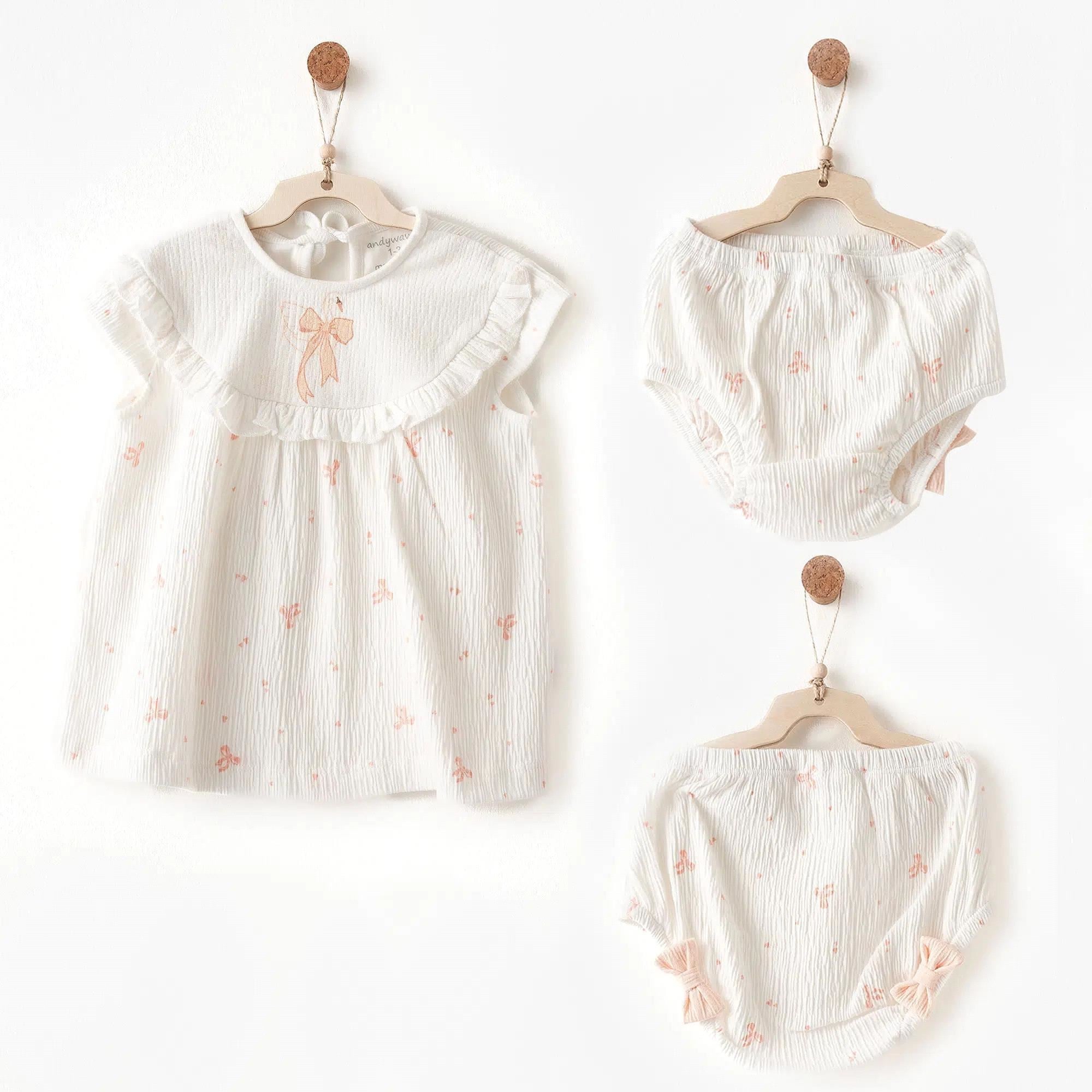 Andywawa Kız Bebek Romper Little Swan Love Elbise Külot Takım Ekru AC26541